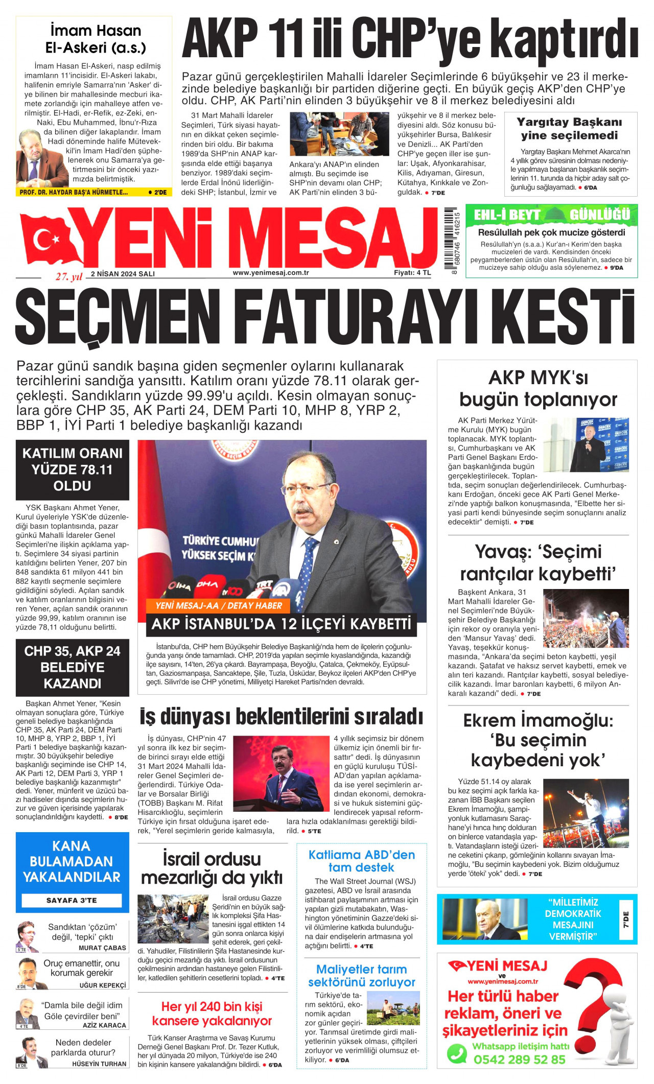 YENİ MESAJ gazetesinin 2 Nisan 2024 tarihli birinci sayfası