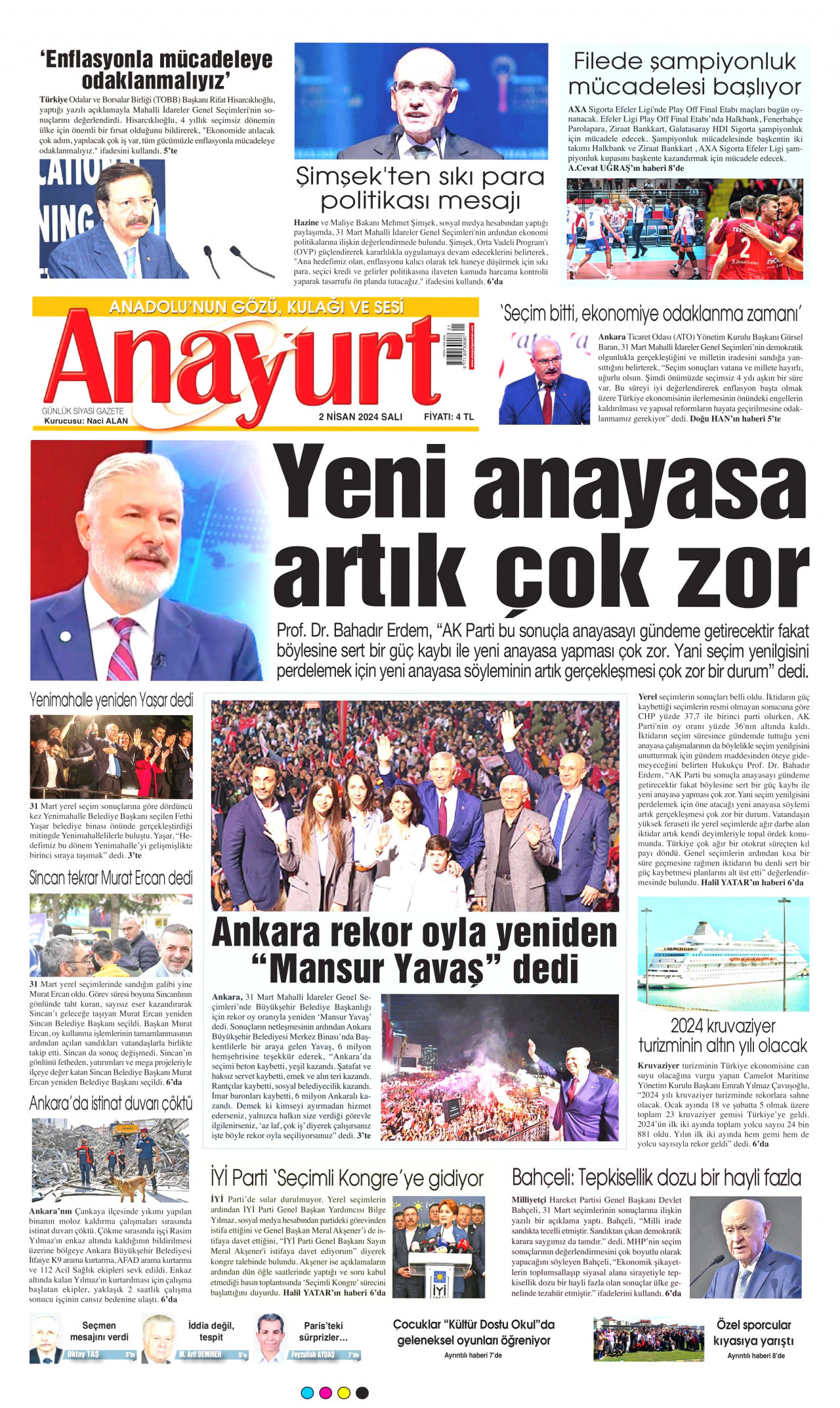 ANAYURT gazetesinin 2 Nisan 2024 tarihli birinci sayfası