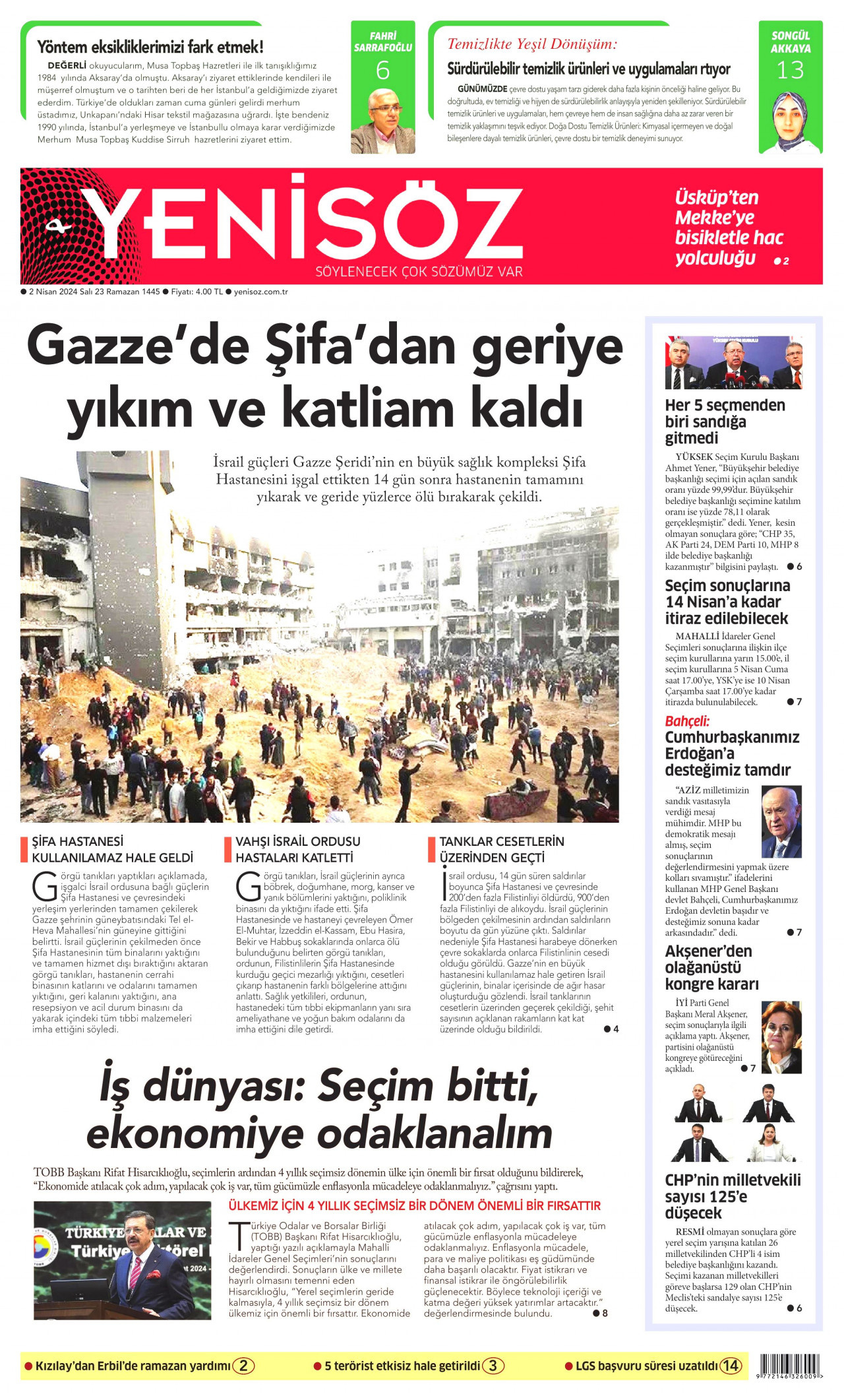 YENİ SÖZ GAZETESİ gazetesinin 2 Nisan 2024 tarihli birinci sayfası