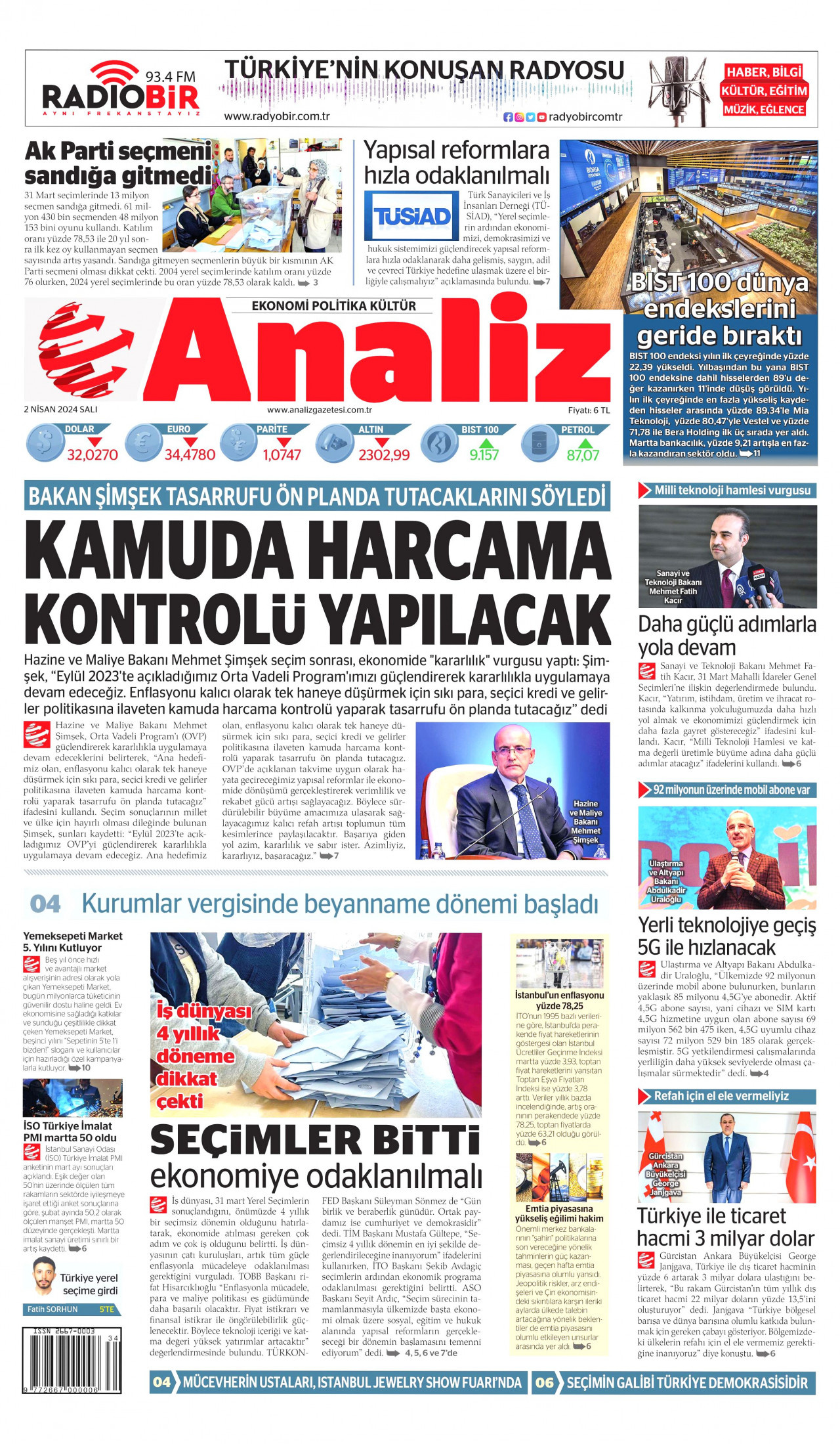 ANALİZ gazetesinin 2 Nisan 2024 tarihli birinci sayfası