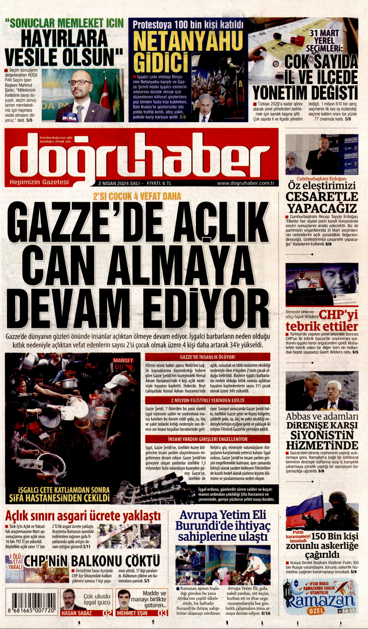 DOĞRU HABER gazetesinin 2 Nisan 2024 tarihli birinci sayfası