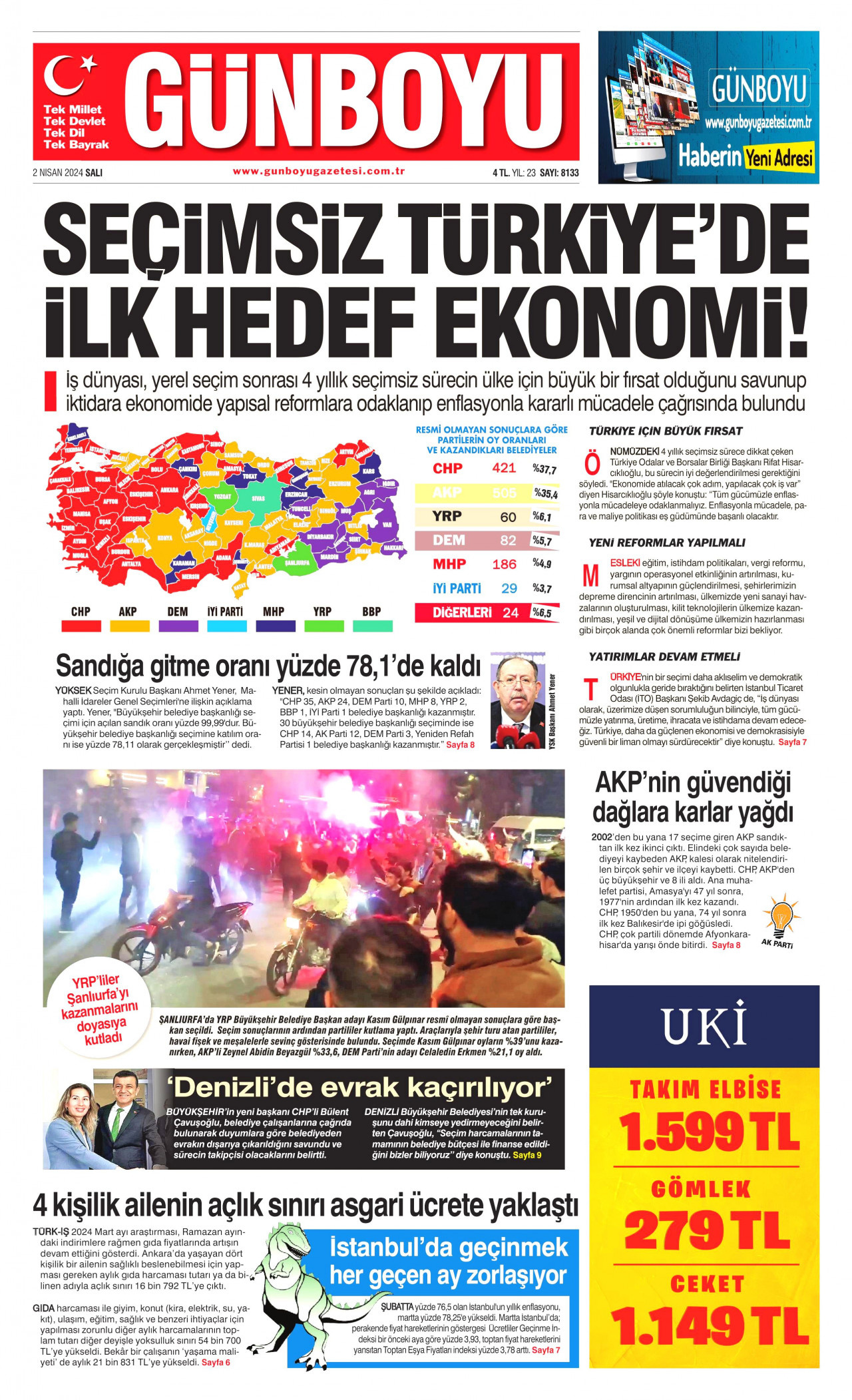 GÜNBOYU gazetesinin 2 Nisan 2024 tarihli birinci sayfası