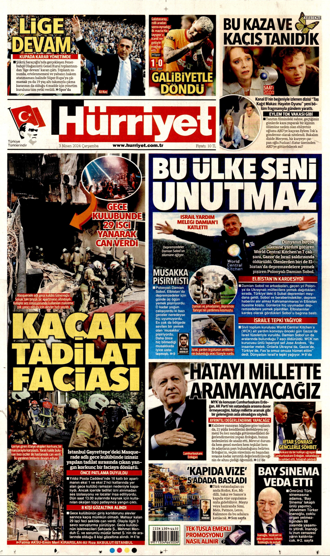 HÜRRİYET gazetesinin 3 Nisan 2024 tarihli birinci sayfası