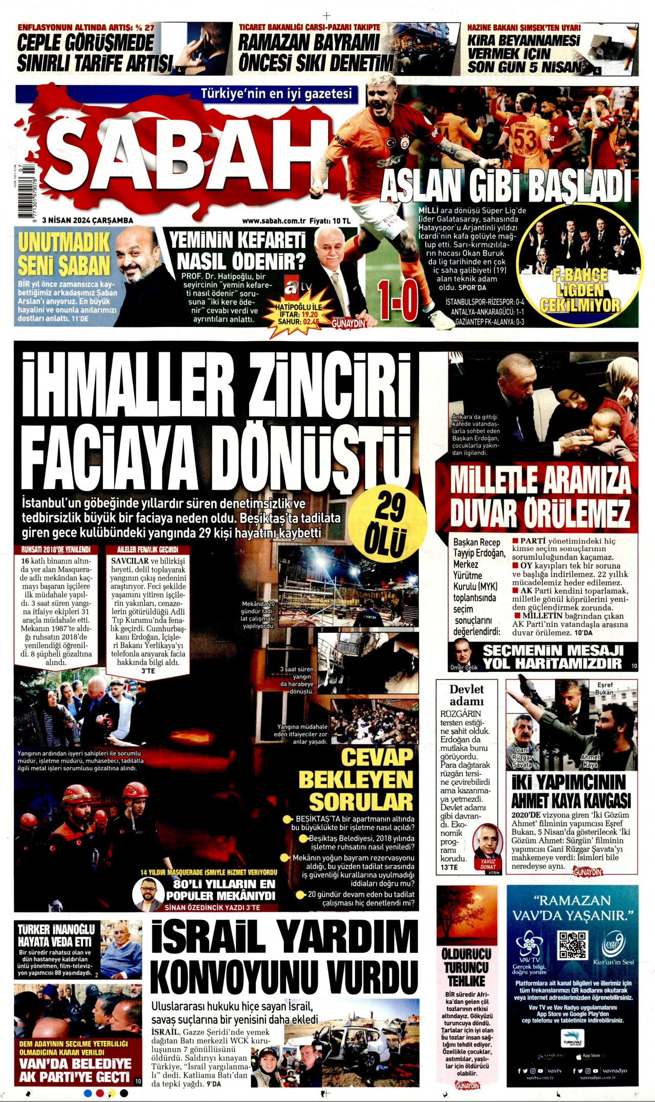 SABAH gazetesinin 3 Nisan 2024 tarihli birinci sayfası