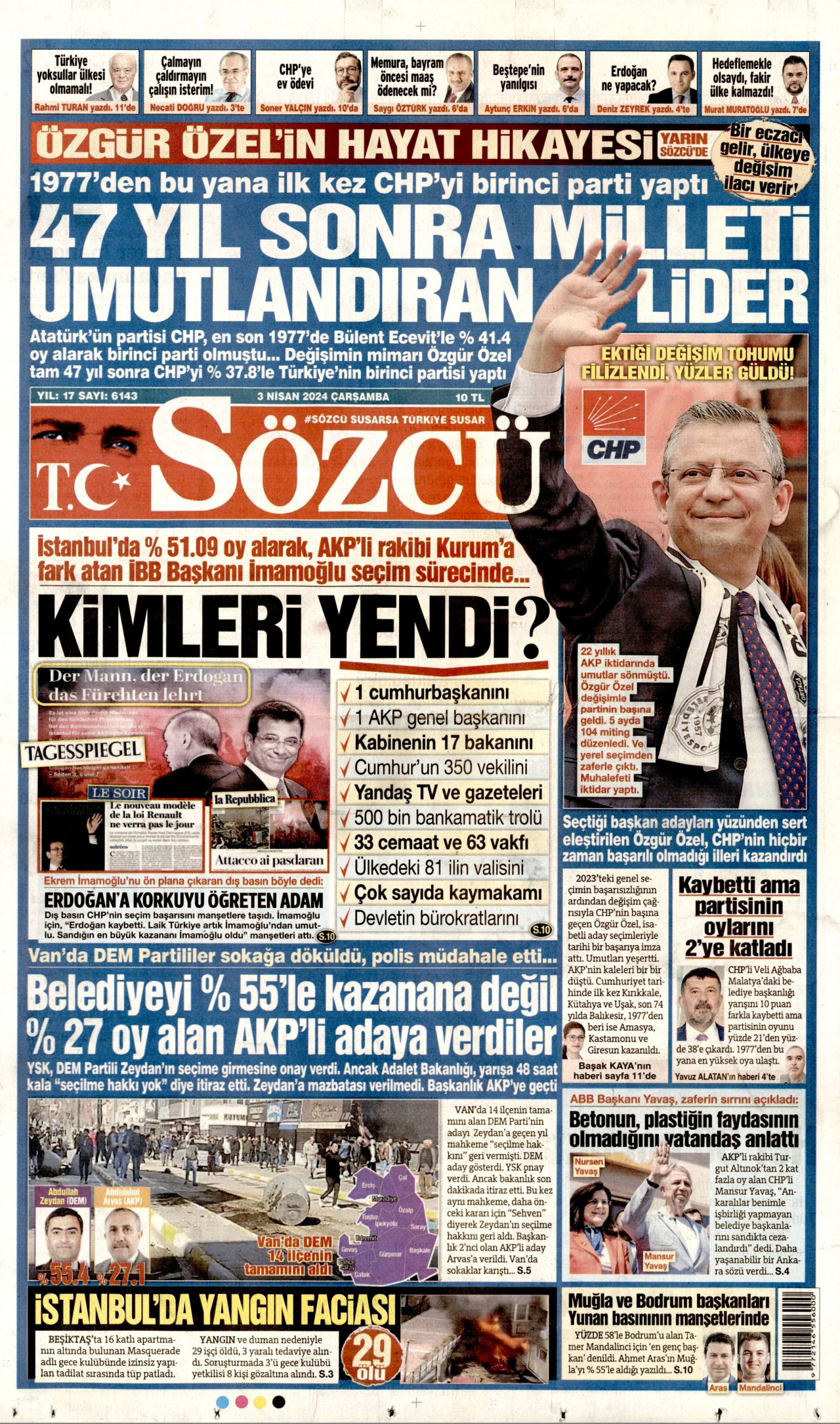 SÖZCÜ gazetesinin 3 Nisan 2024 tarihli birinci sayfası