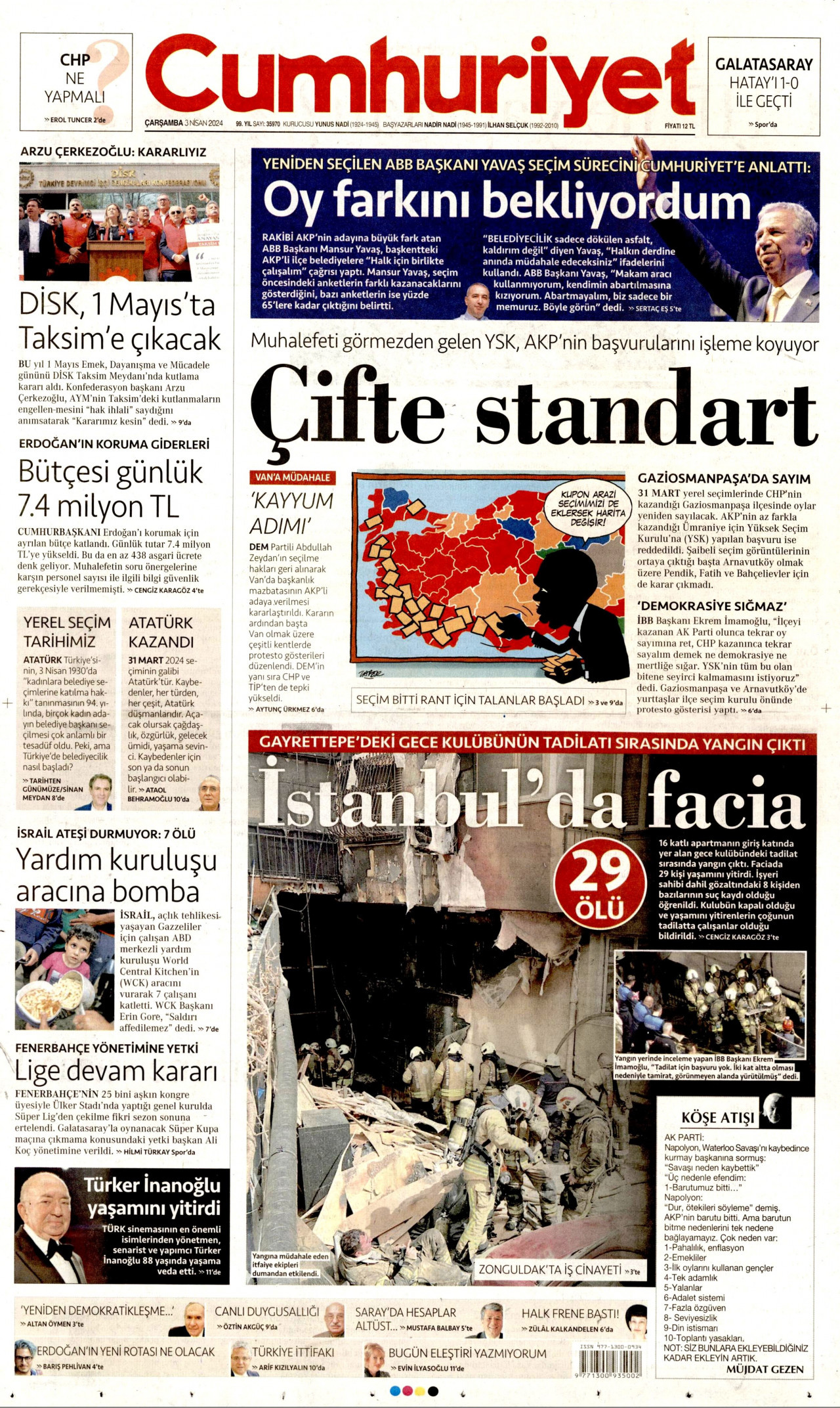 CUMHURİYET gazetesinin 3 Nisan 2024 tarihli birinci sayfası
