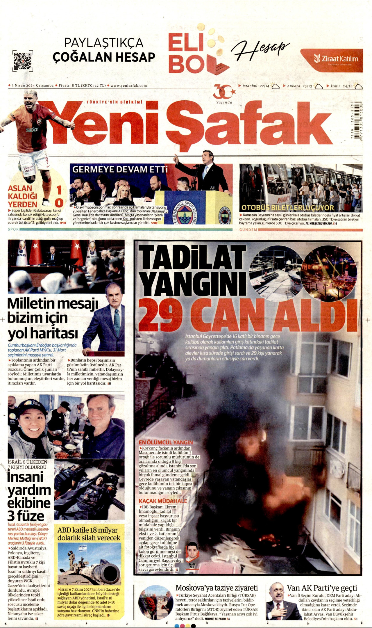 YENİ ŞAFAK gazetesinin 3 Nisan 2024 tarihli birinci sayfası