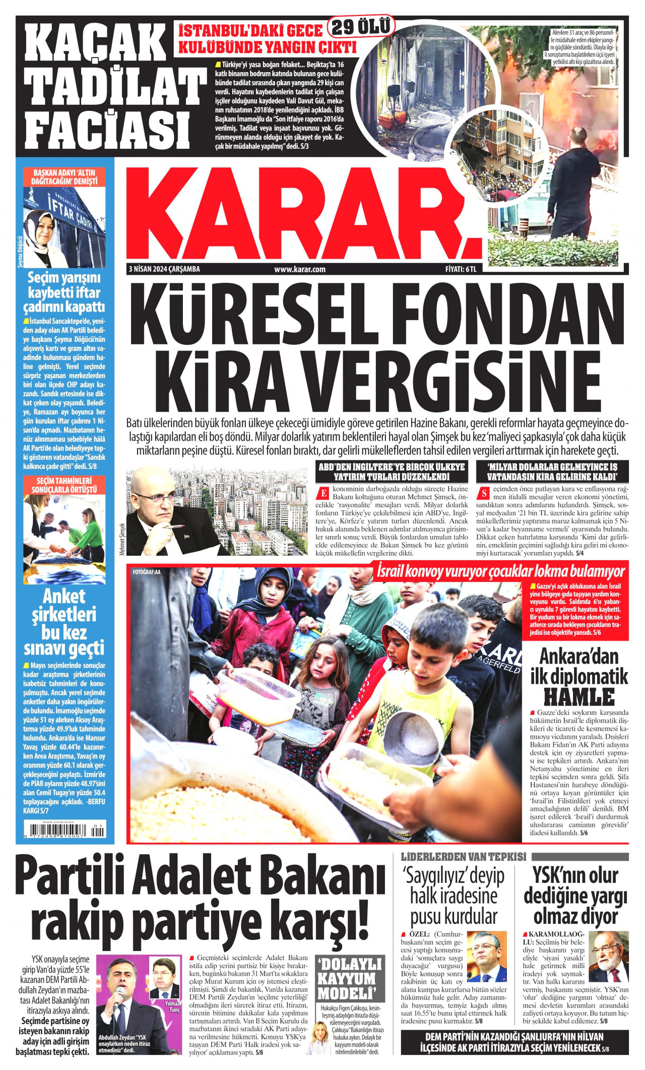 KARAR gazetesinin 3 Nisan 2024 tarihli birinci sayfası