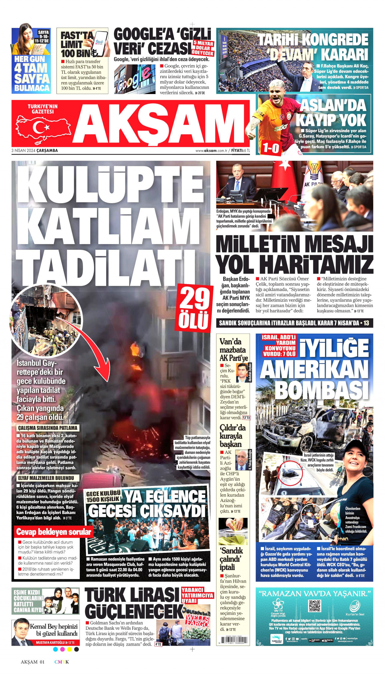 AKŞAM gazetesinin 3 Nisan 2024 tarihli birinci sayfası