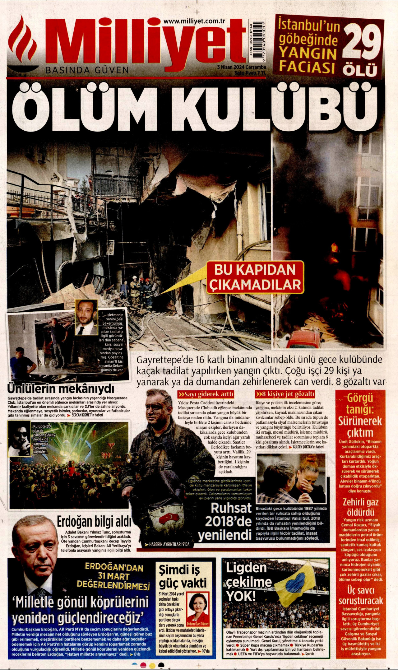 MİLLİYET gazetesinin 3 Nisan 2024 tarihli birinci sayfası