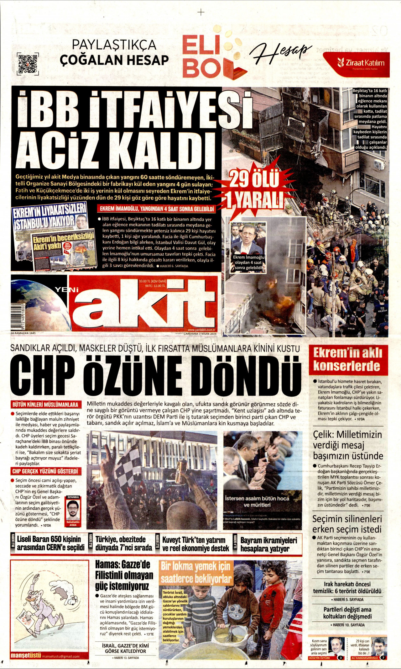 YENİ AKİT gazetesinin 3 Nisan 2024 tarihli birinci sayfası