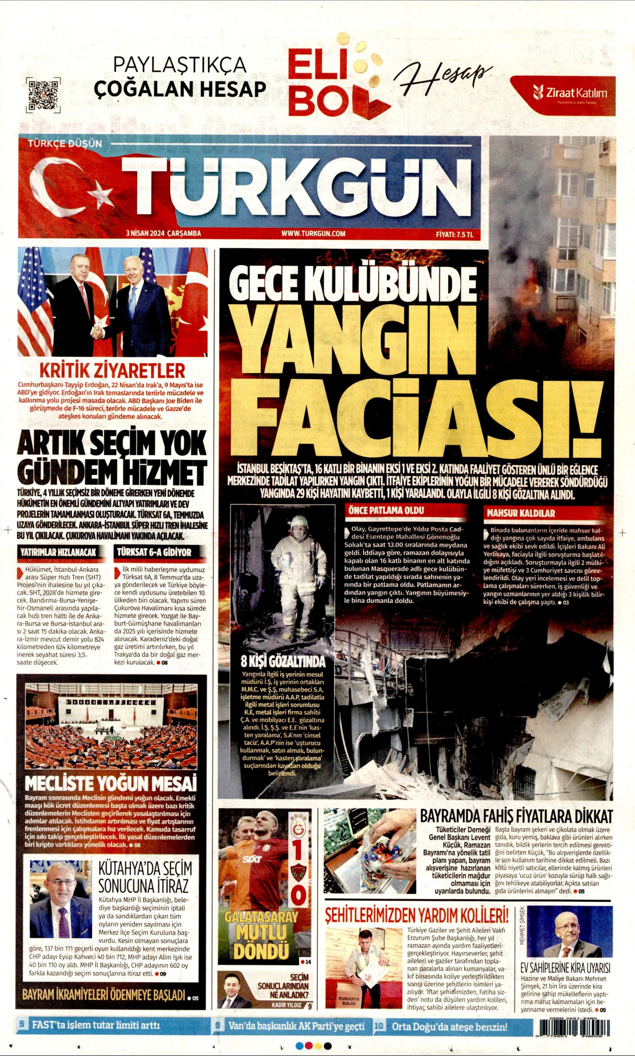 TÜRKGÜN gazetesinin 3 Nisan 2024 tarihli birinci sayfası