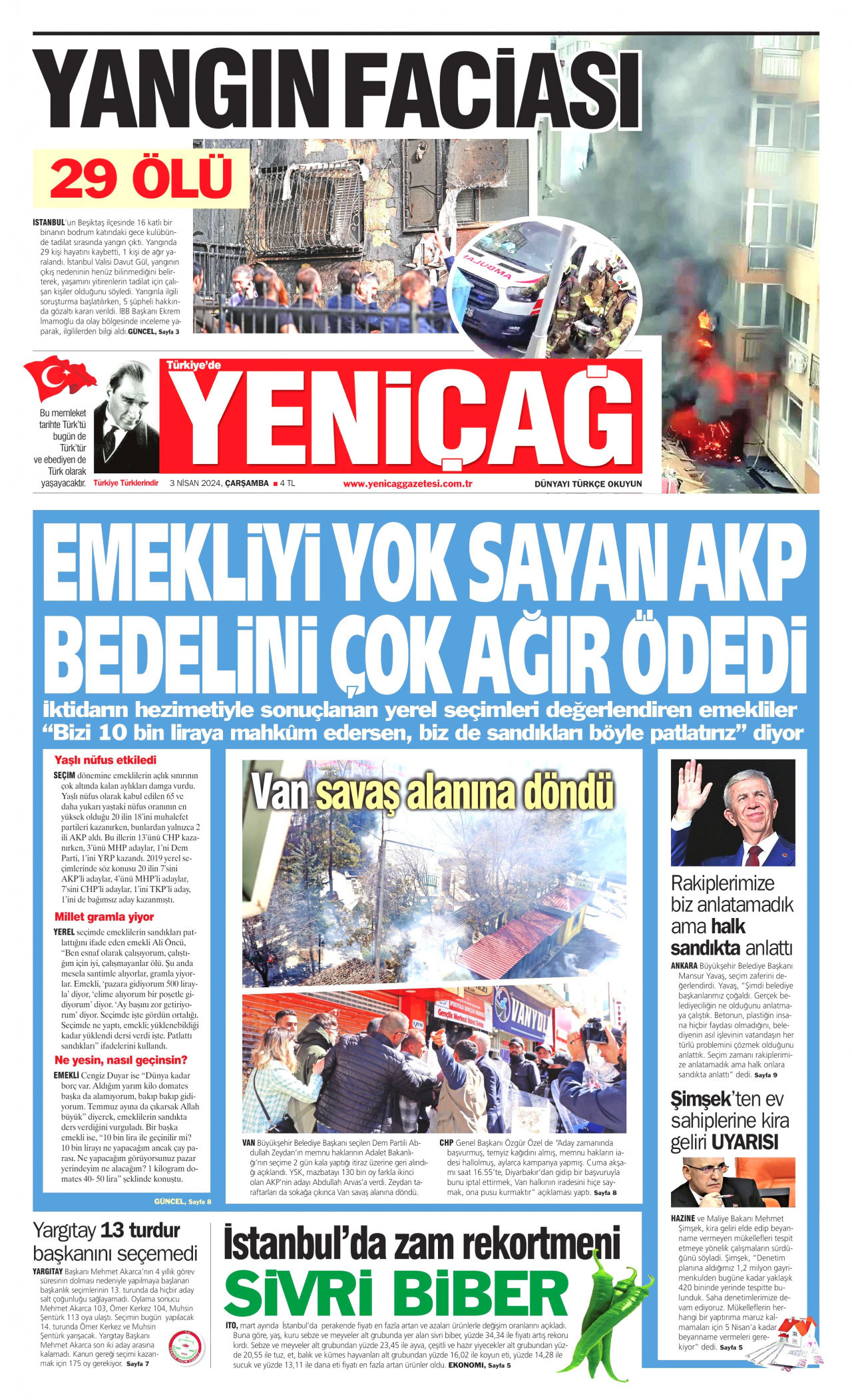 YENİÇAĞ gazetesinin 3 Nisan 2024 tarihli birinci sayfası