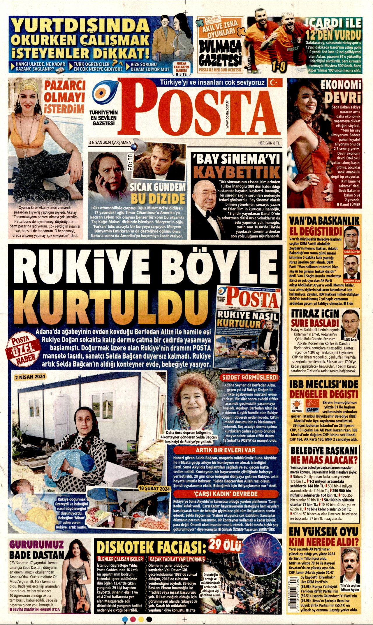 POSTA gazetesinin 3 Nisan 2024 tarihli birinci sayfası