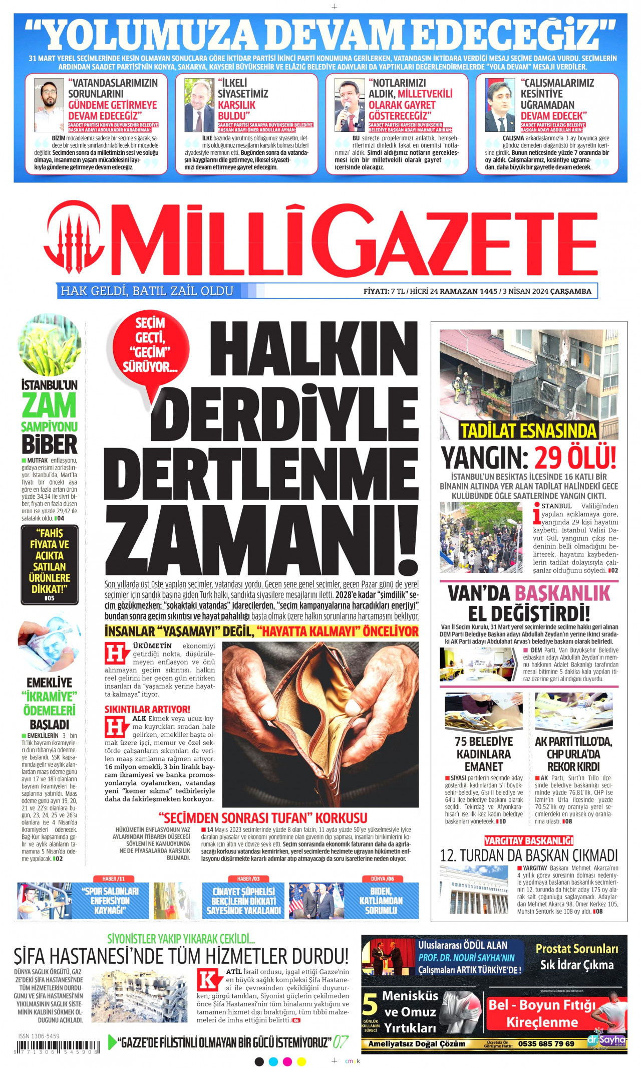 MİLLİ GAZETE gazetesinin 3 Nisan 2024 tarihli birinci sayfası