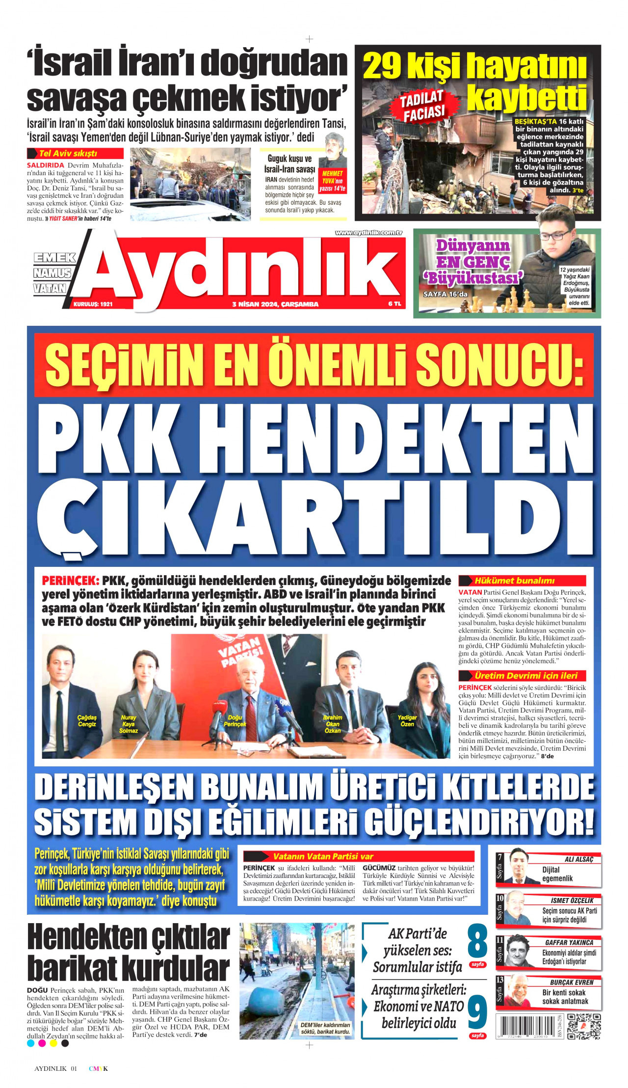 AYDINLIK GAZETESİ gazetesinin 3 Nisan 2024 tarihli birinci sayfası