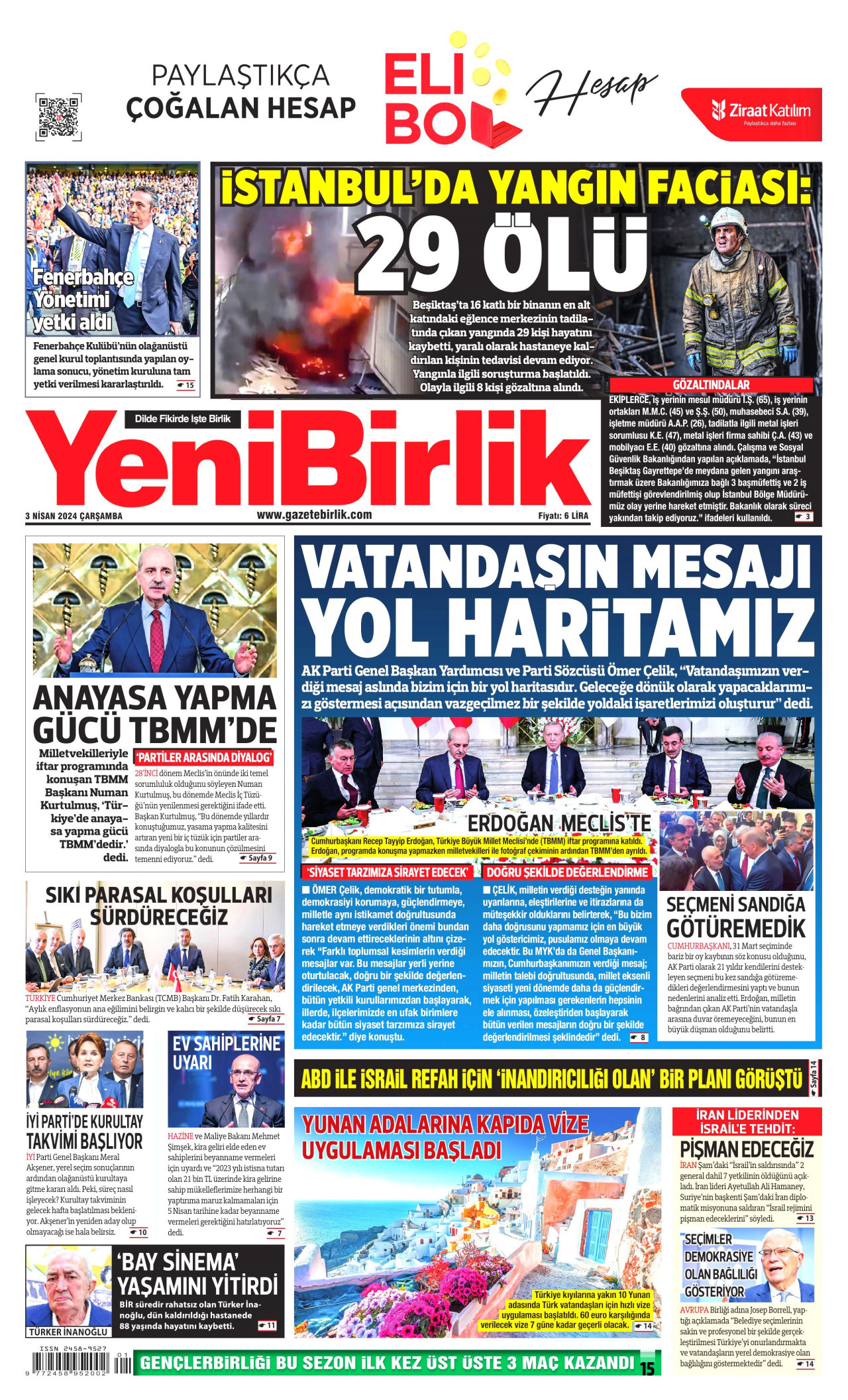 YENİBİRLİK gazetesinin 3 Nisan 2024 tarihli birinci sayfası