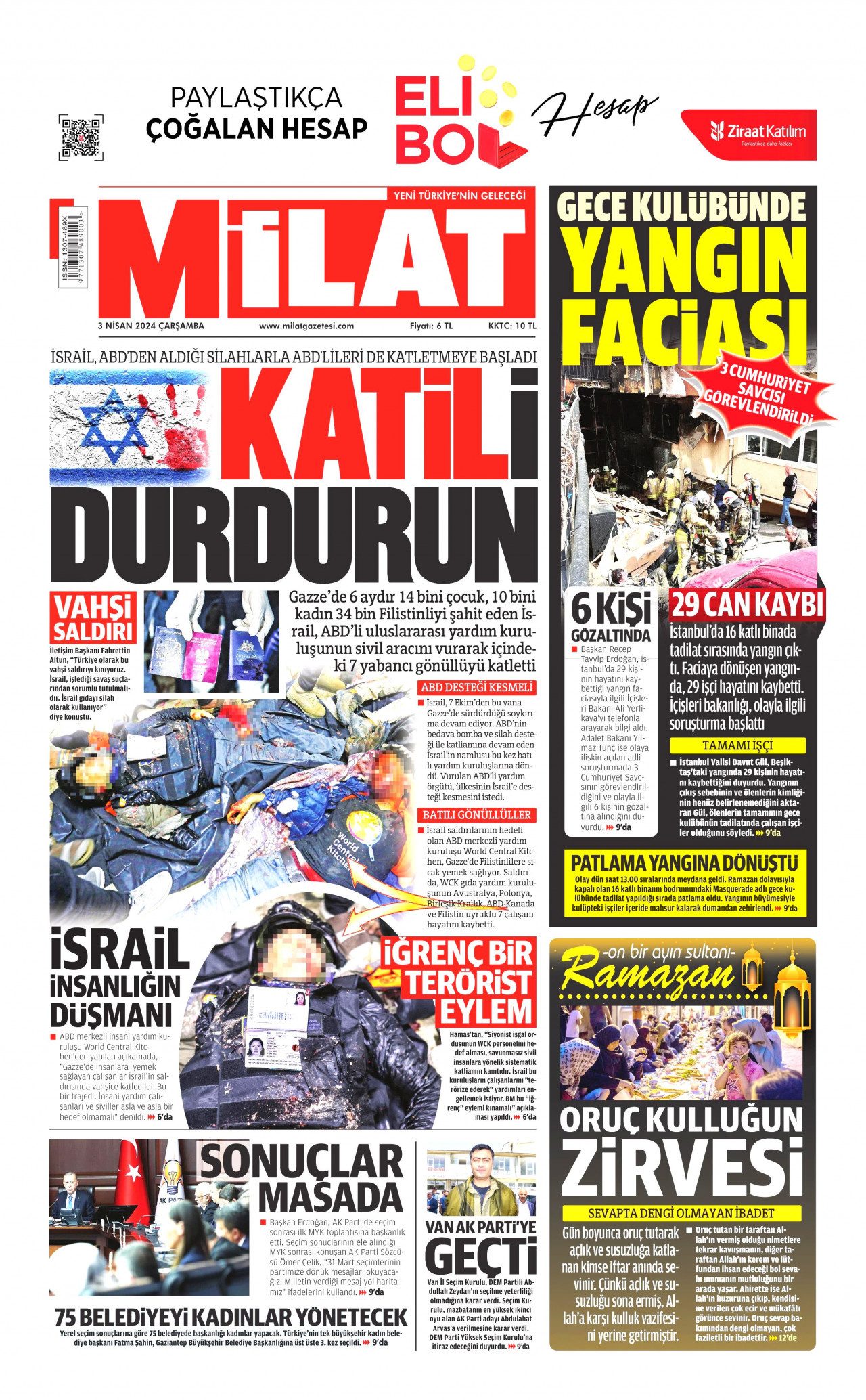 MİLAT gazetesinin 3 Nisan 2024 tarihli birinci sayfası