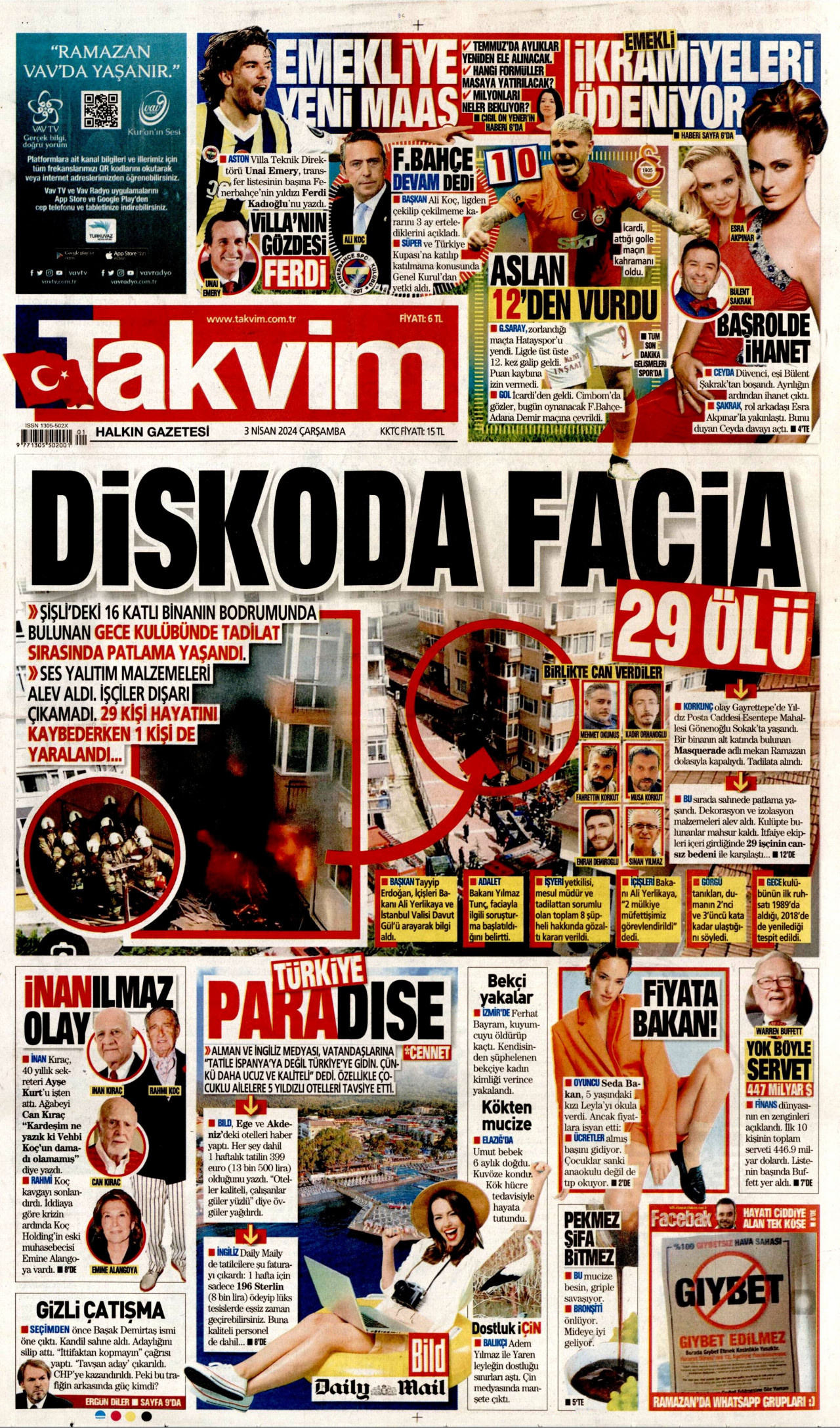 TAKVİM gazetesinin 3 Nisan 2024 tarihli birinci sayfası