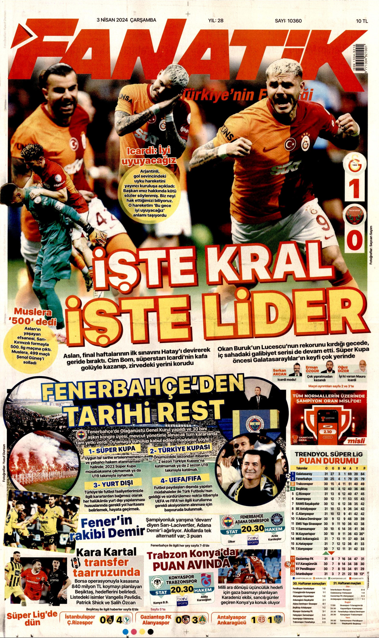 FANATİK gazetesinin 3 Nisan 2024 tarihli birinci sayfası