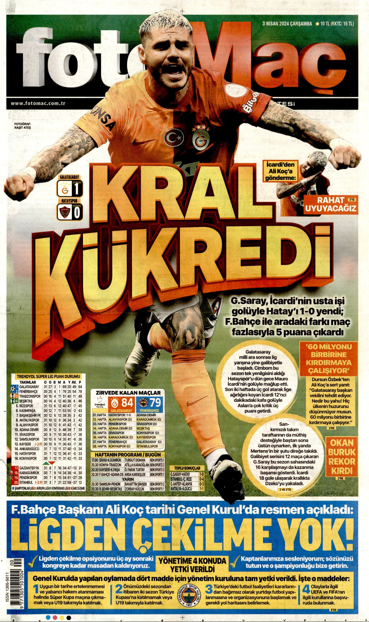 FOTOMAÇ gazetesinin 3 Nisan 2024 tarihli birinci sayfası