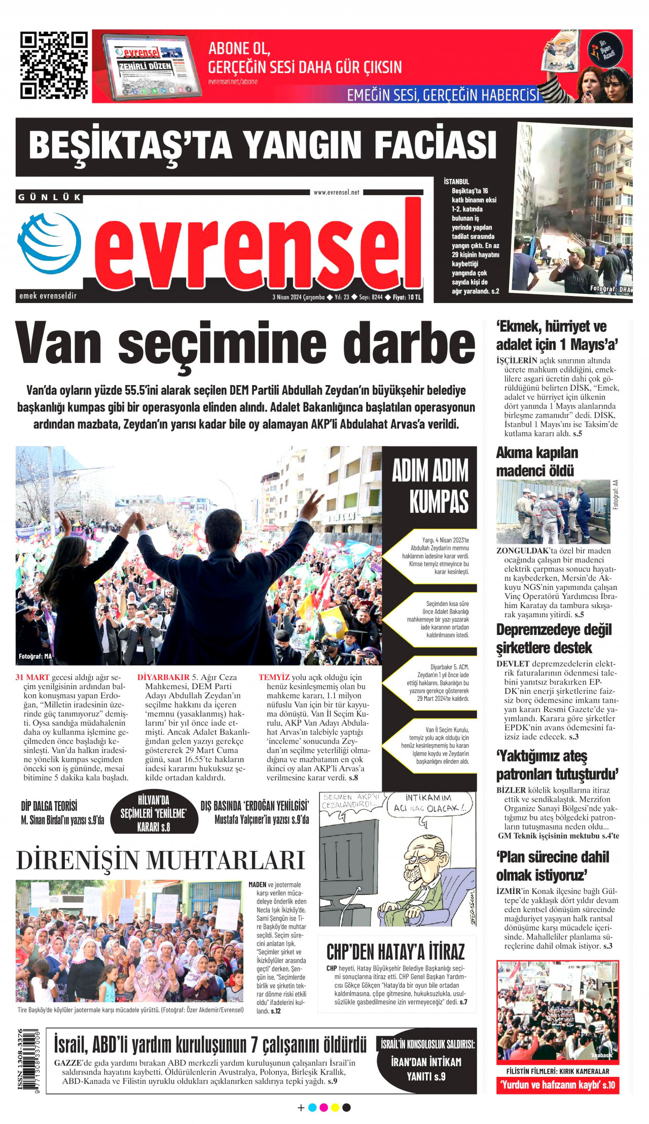 EVRENSEL gazetesinin 3 Nisan 2024 tarihli birinci sayfası