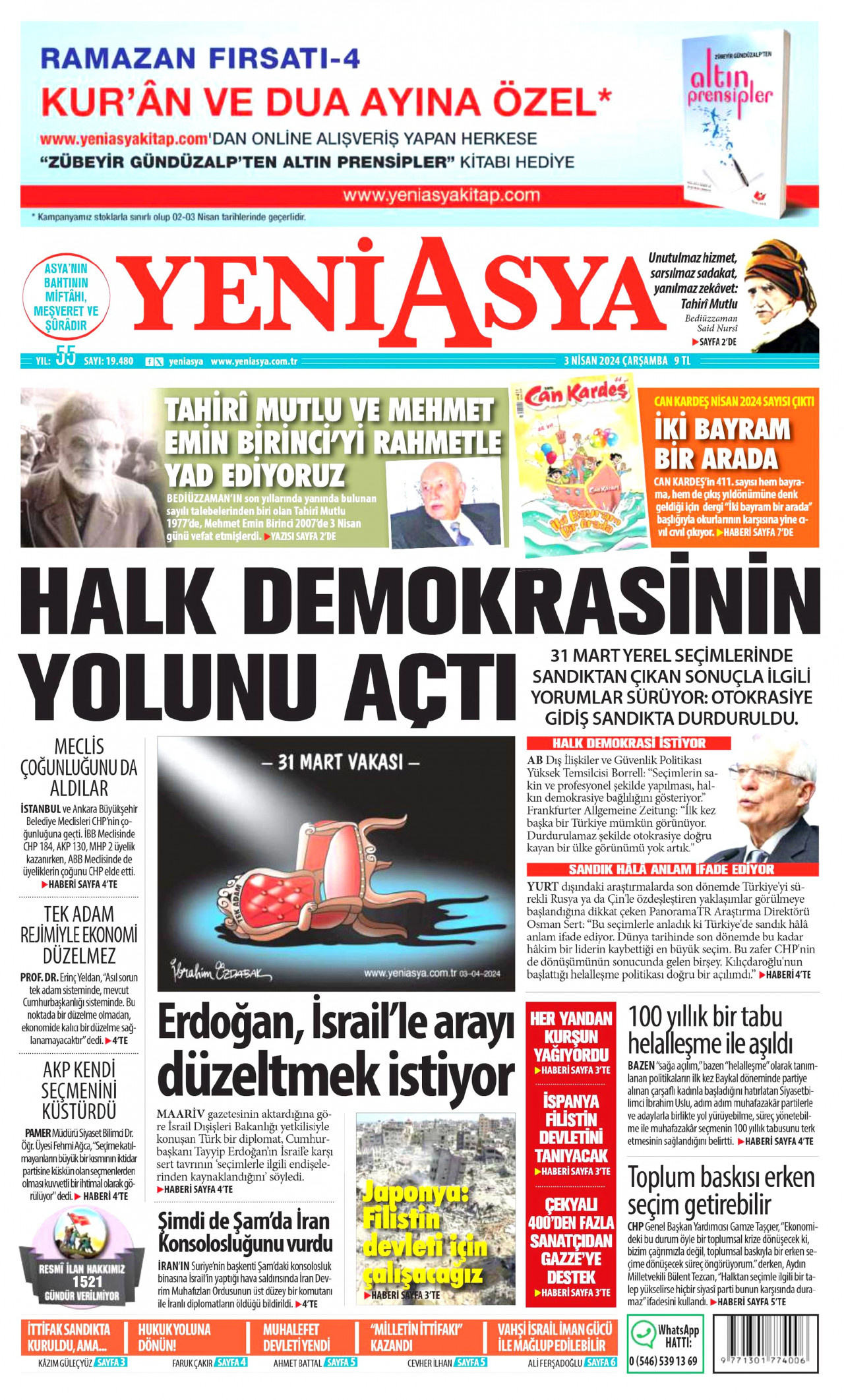 YENİ ASYA gazetesinin 3 Nisan 2024 tarihli birinci sayfası