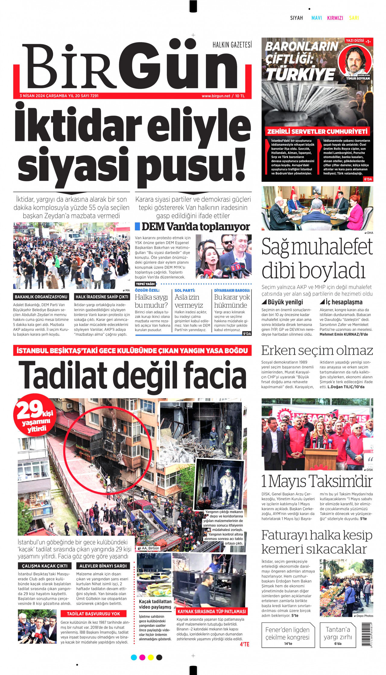 BİRGÜN gazetesinin 3 Nisan 2024 tarihli birinci sayfası