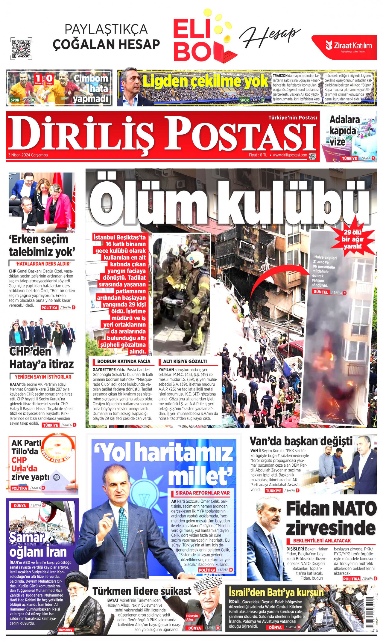 DİRİLİŞ POSTASI gazetesinin 3 Nisan 2024 tarihli birinci sayfası