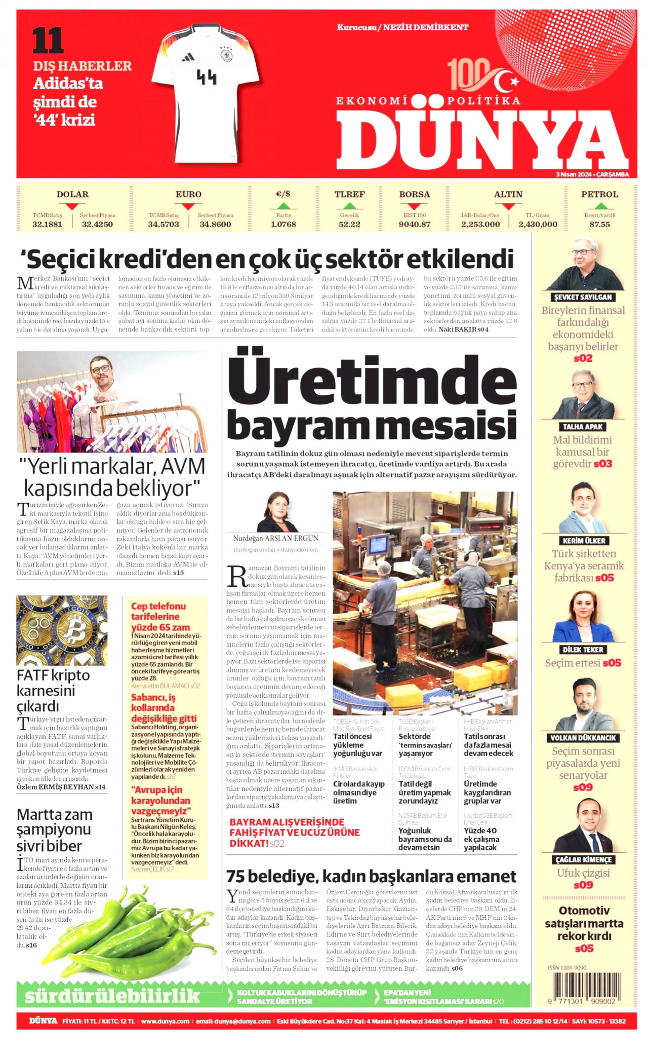 DÜNYA gazetesinin 3 Nisan 2024 tarihli birinci sayfası