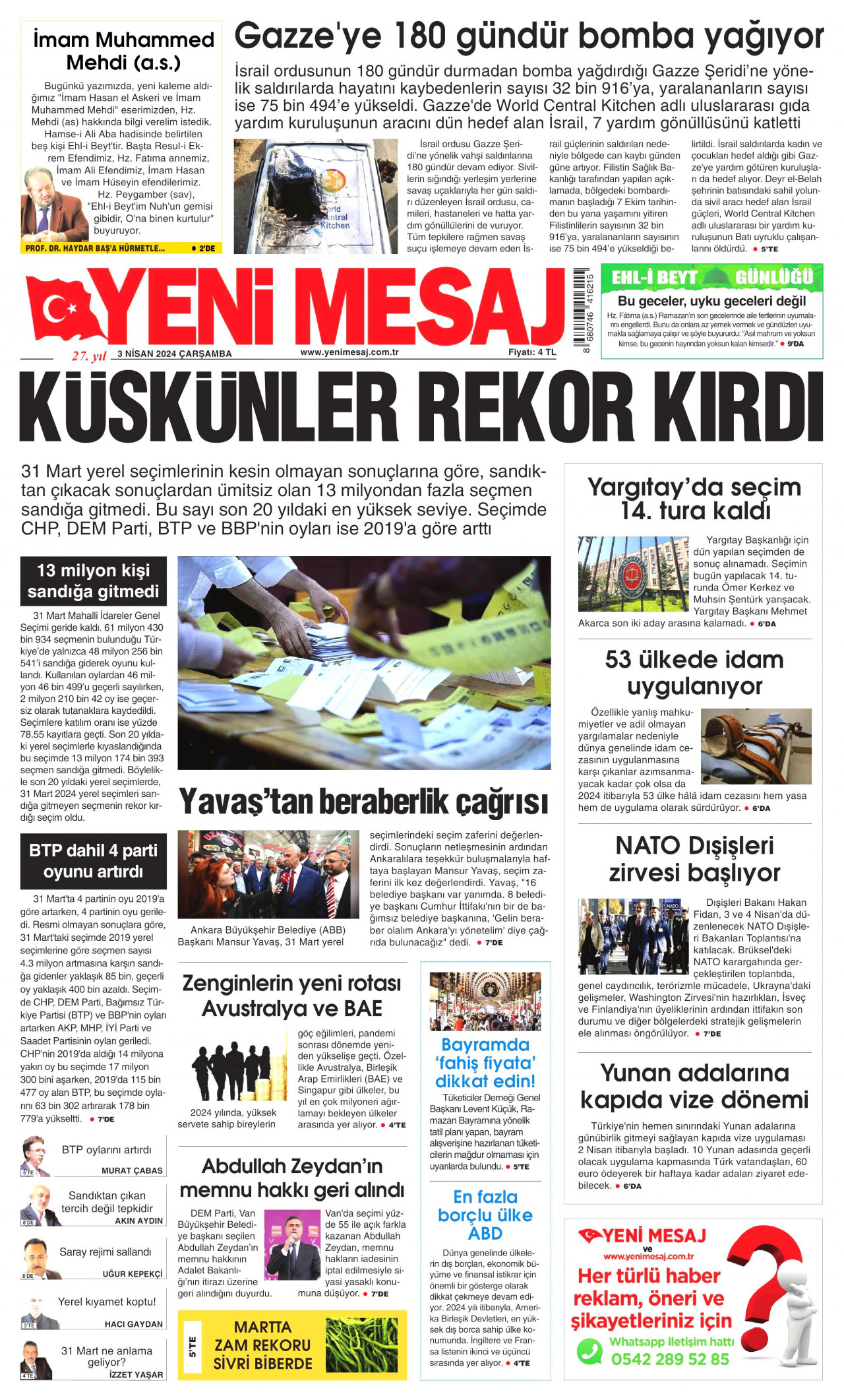YENİ MESAJ gazetesinin 3 Nisan 2024 tarihli birinci sayfası