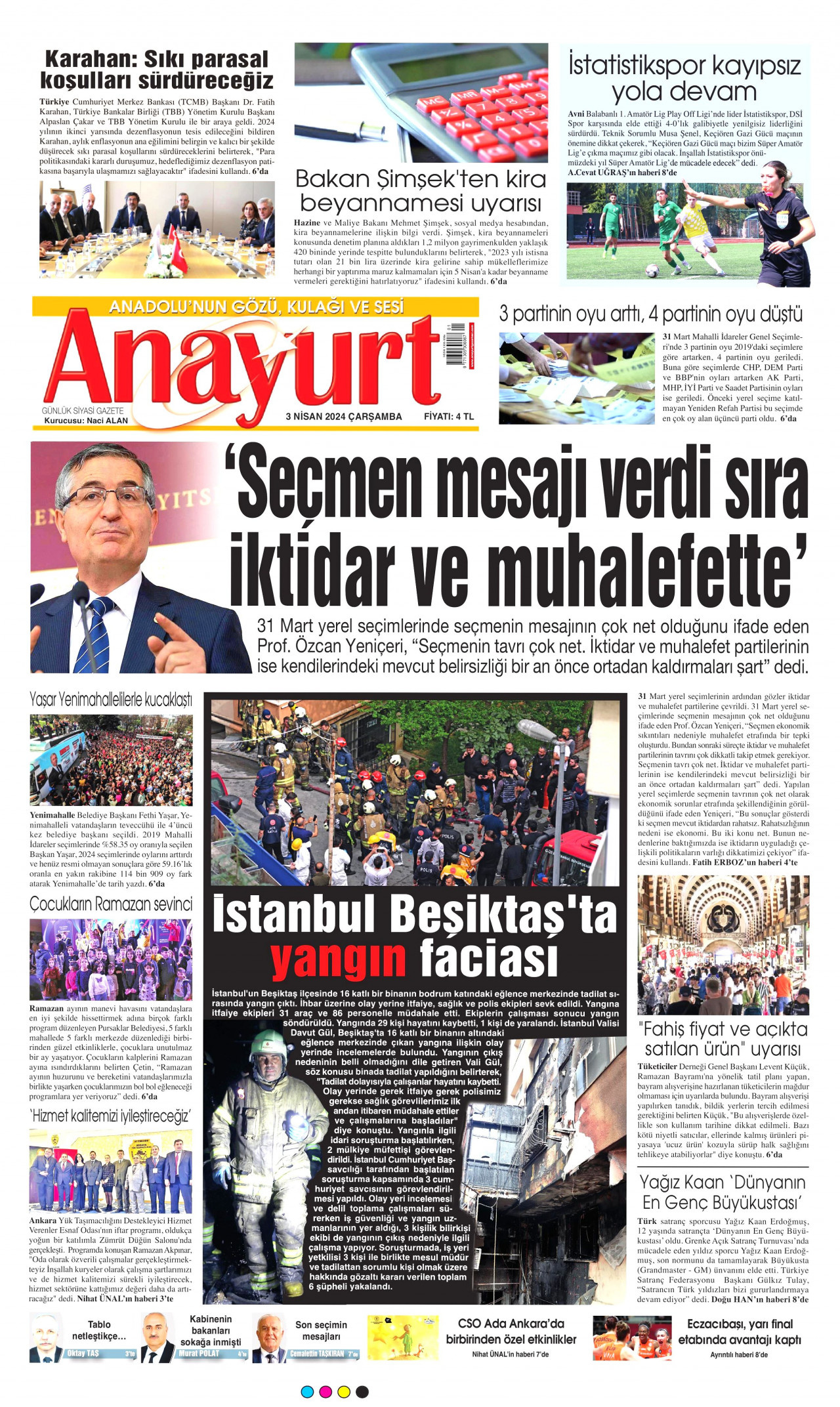 ANAYURT gazetesinin 3 Nisan 2024 tarihli birinci sayfası