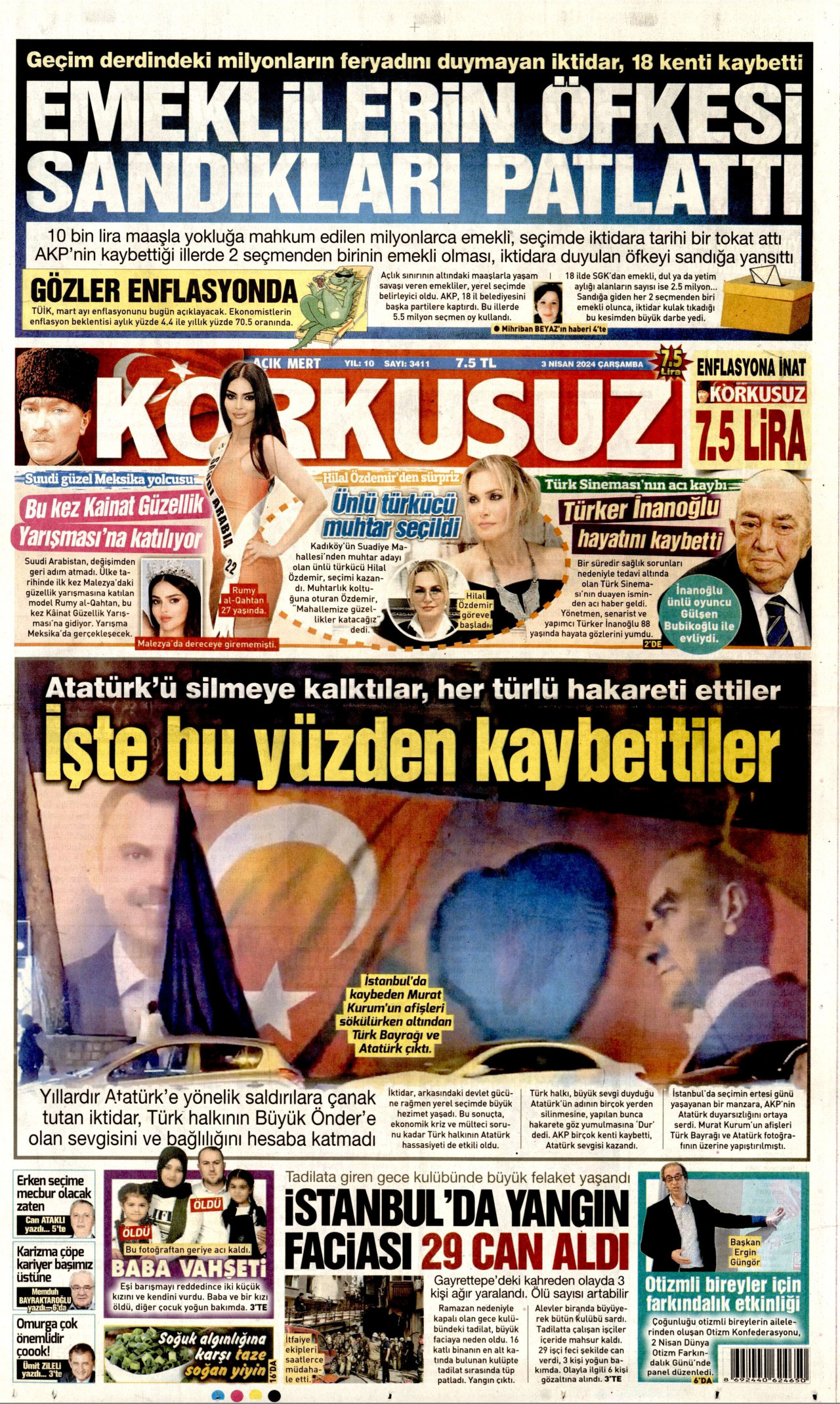 KORKUSUZ gazetesinin 3 Nisan 2024 tarihli birinci sayfası