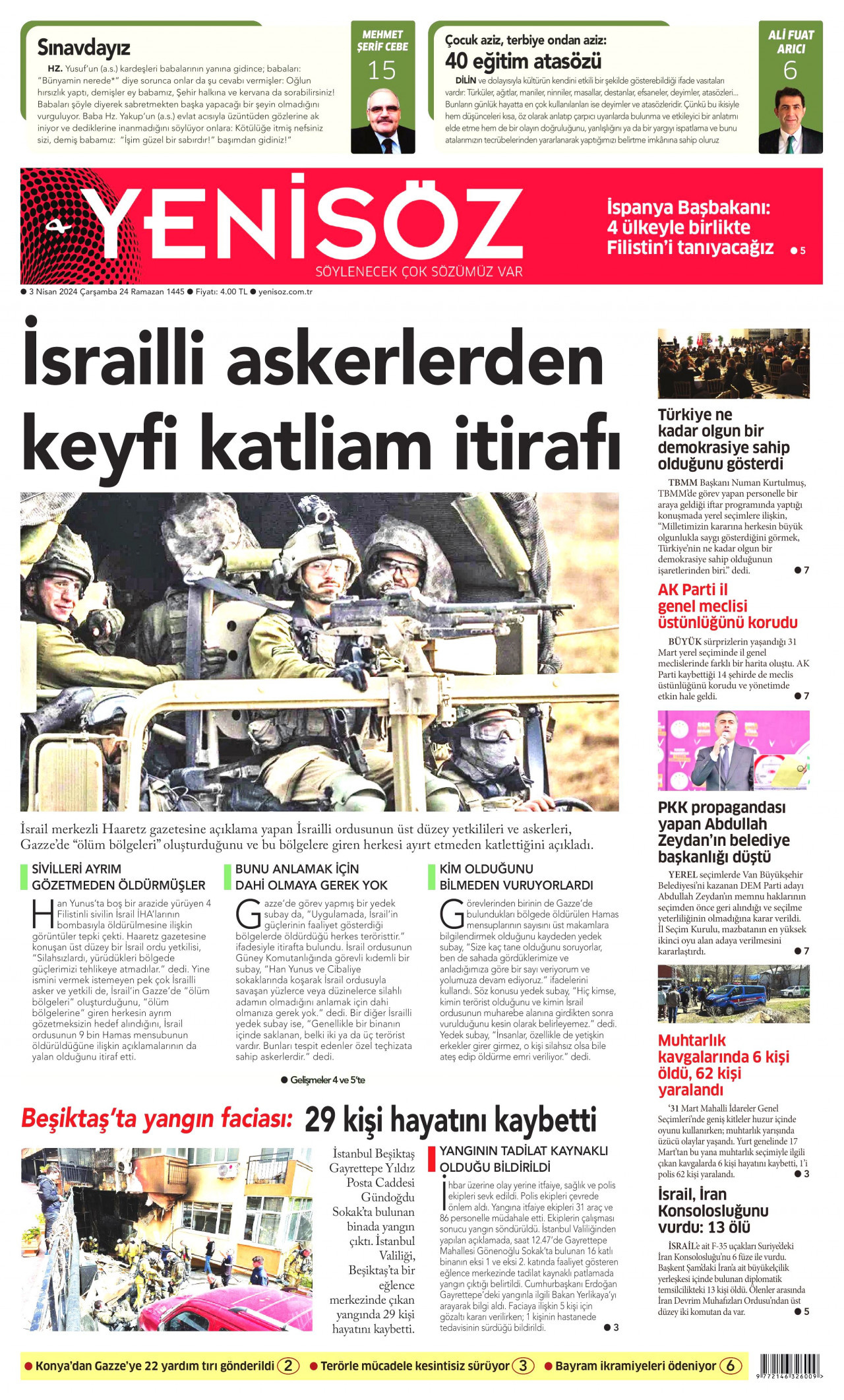 YENİ SÖZ GAZETESİ gazetesinin 3 Nisan 2024 tarihli birinci sayfası