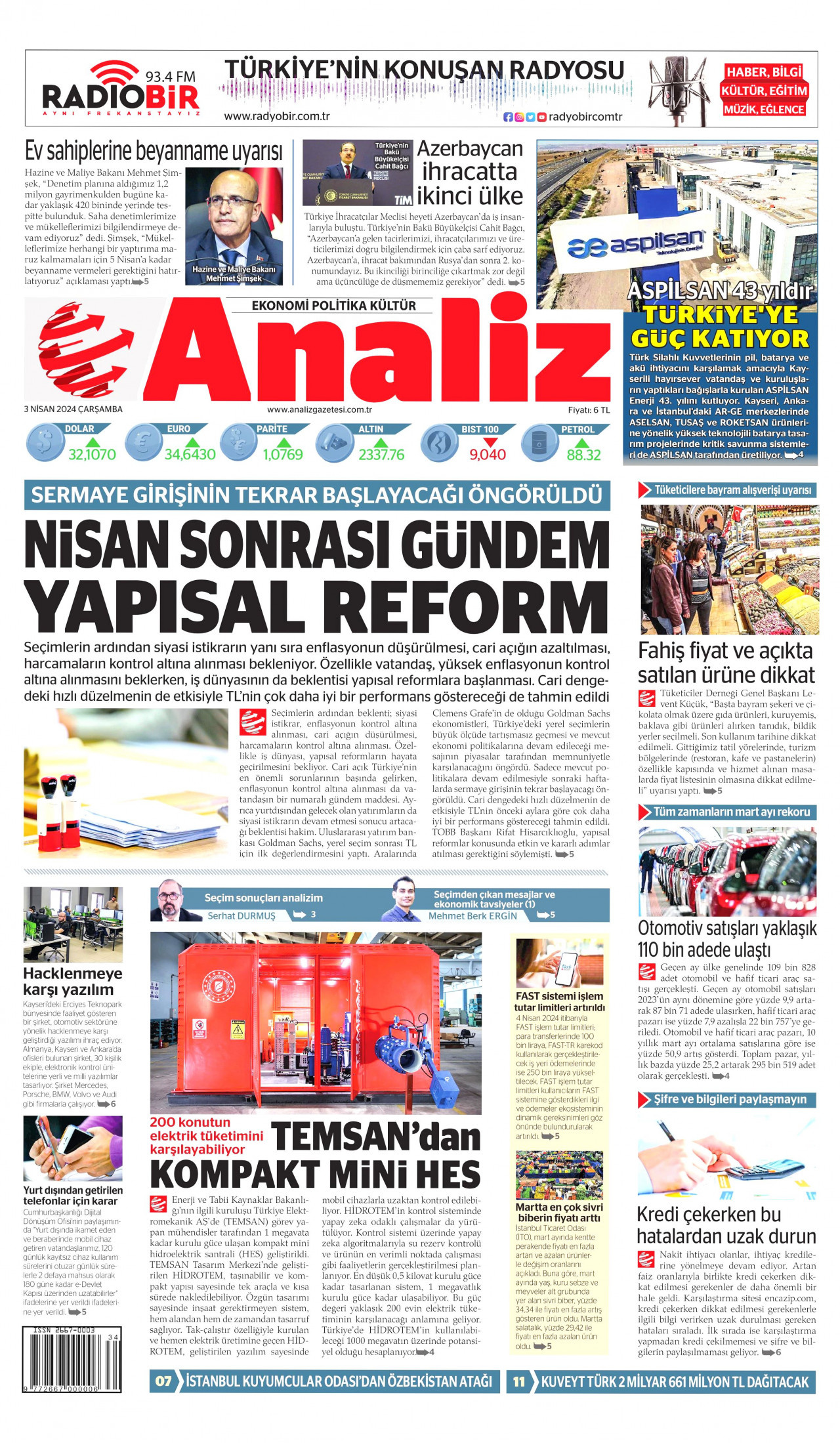 ANALİZ gazetesinin 3 Nisan 2024 tarihli birinci sayfası