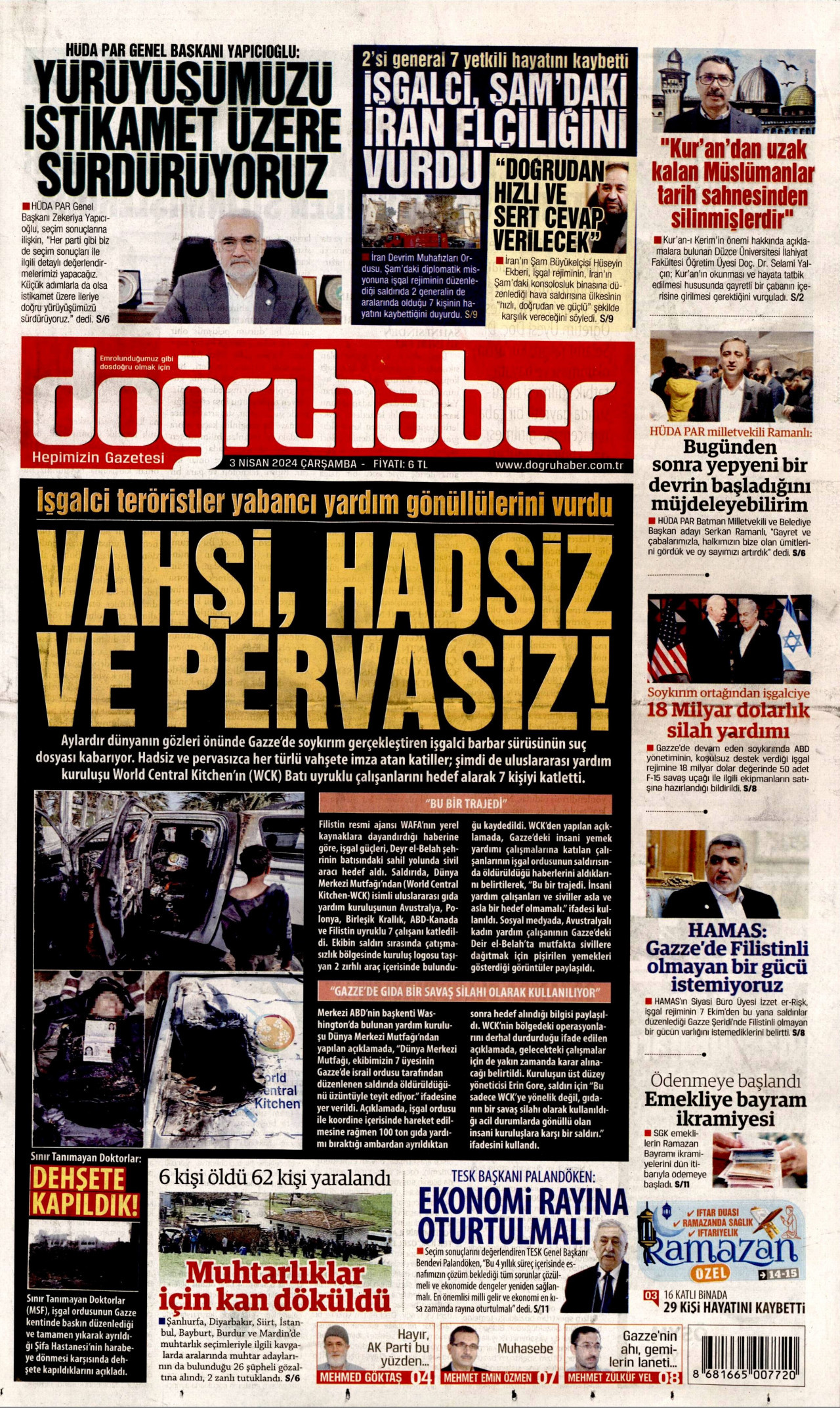 DOĞRU HABER gazetesinin 3 Nisan 2024 tarihli birinci sayfası
