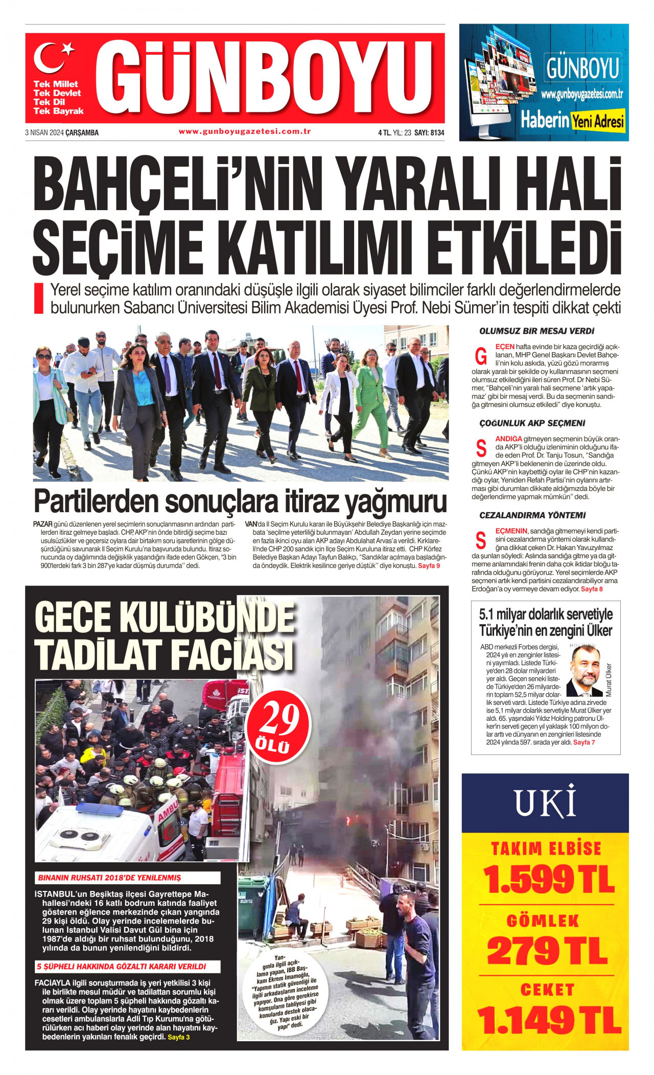 GÜNBOYU gazetesinin 3 Nisan 2024 tarihli birinci sayfası
