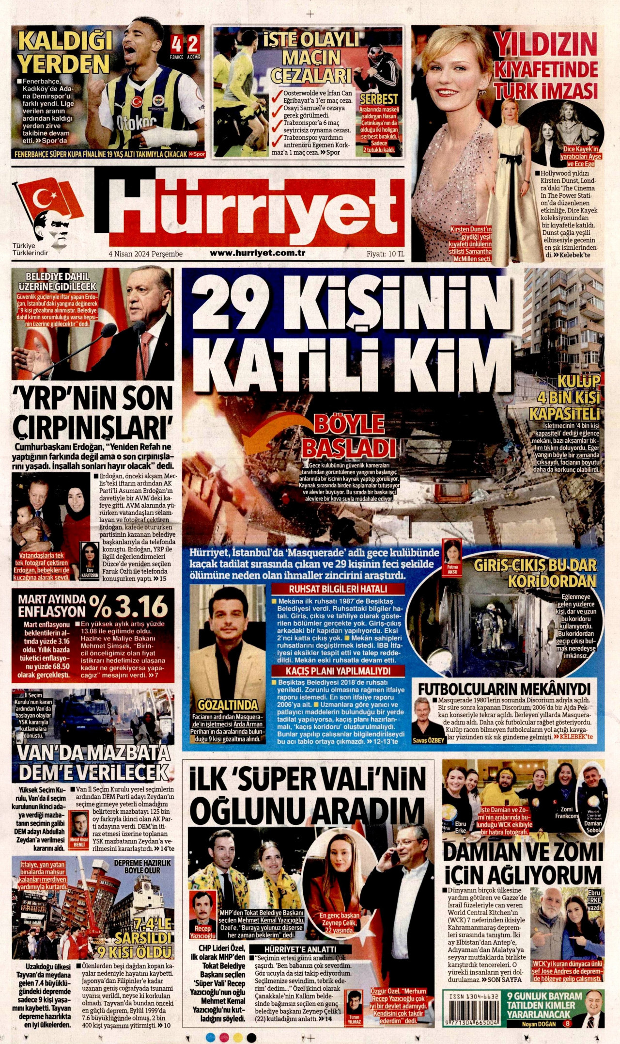 HÜRRİYET gazetesinin 4 Nisan 2024 tarihli birinci sayfası