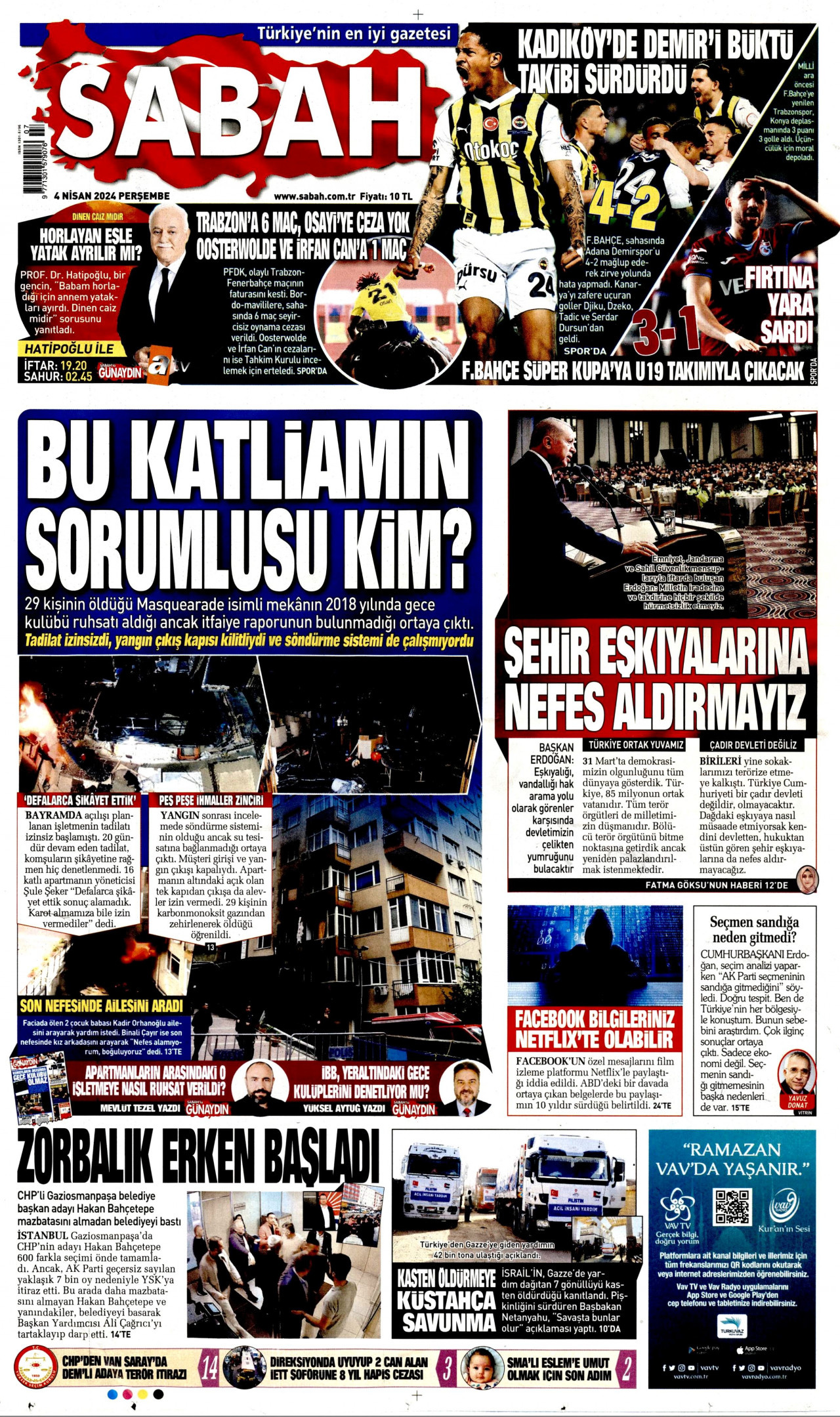 SABAH gazetesinin 4 Nisan 2024 tarihli birinci sayfası