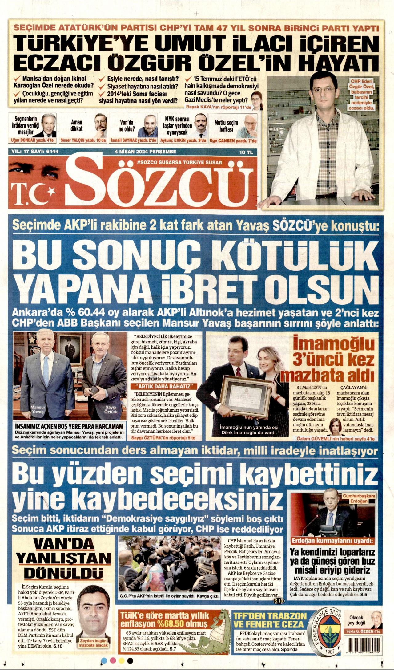SÖZCÜ gazetesinin 4 Nisan 2024 tarihli birinci sayfası