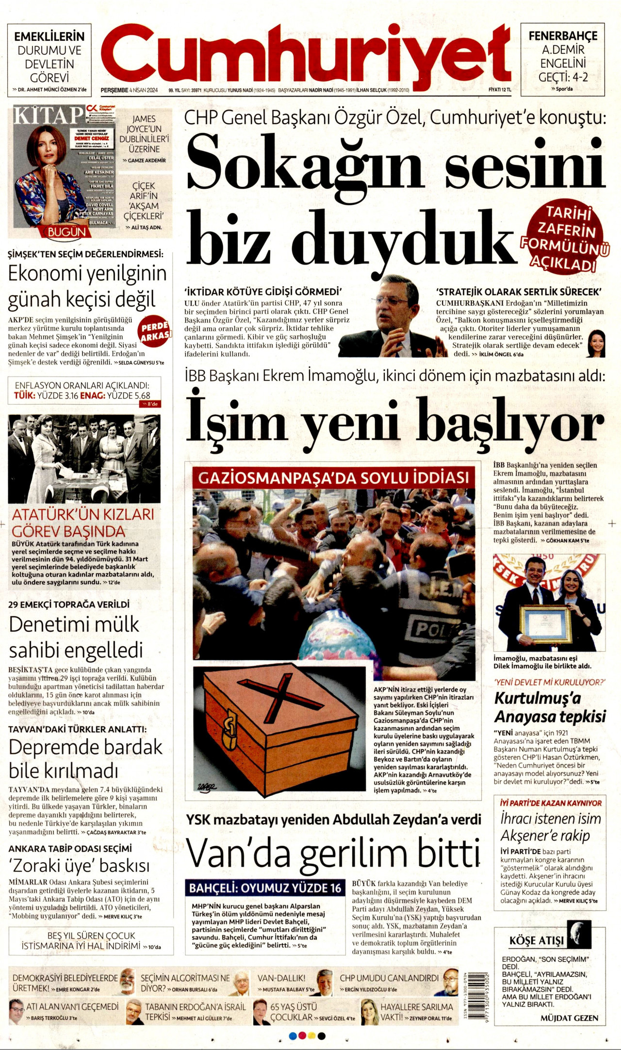 CUMHURİYET gazetesinin 4 Nisan 2024 tarihli birinci sayfası