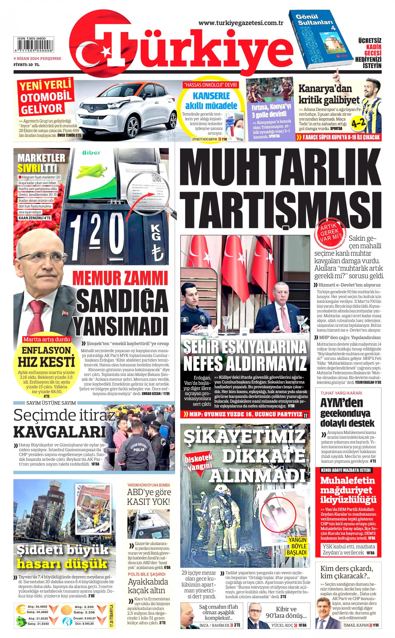 TÜRKİYE GAZETESİ gazetesinin 4 Nisan 2024 tarihli birinci sayfası