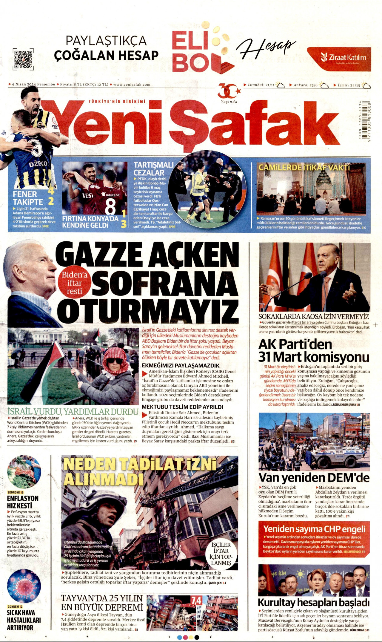 YENİ ŞAFAK gazetesinin 4 Nisan 2024 tarihli birinci sayfası