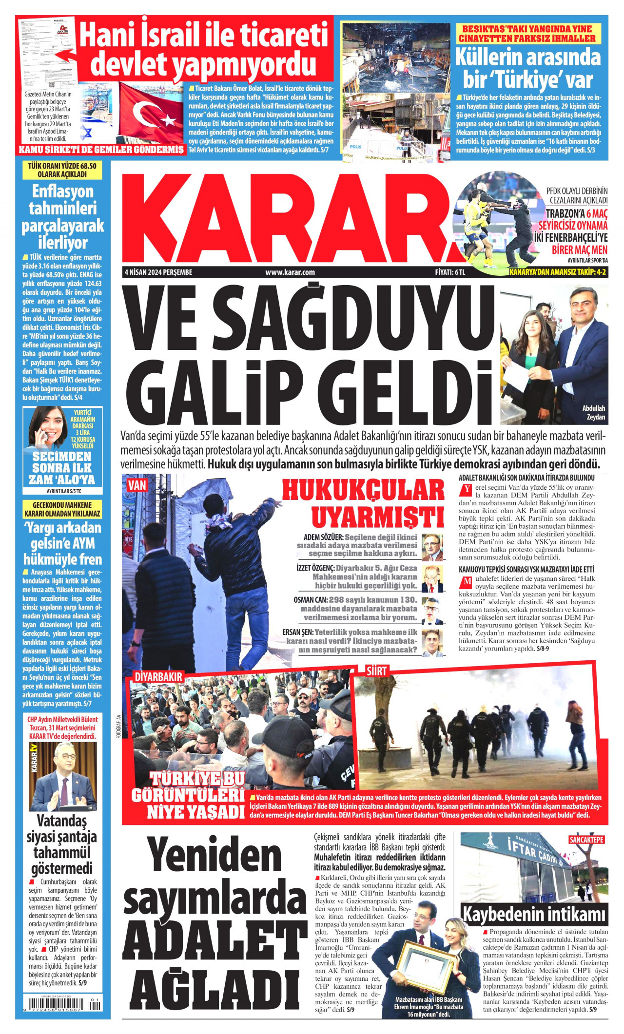 KARAR gazetesinin 4 Nisan 2024 tarihli birinci sayfası