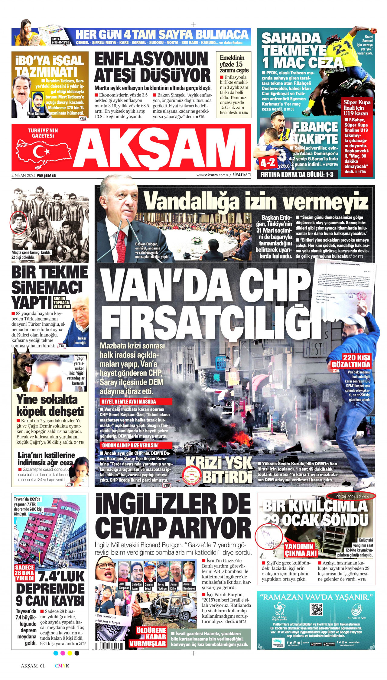 AKŞAM gazetesinin 4 Nisan 2024 tarihli birinci sayfası