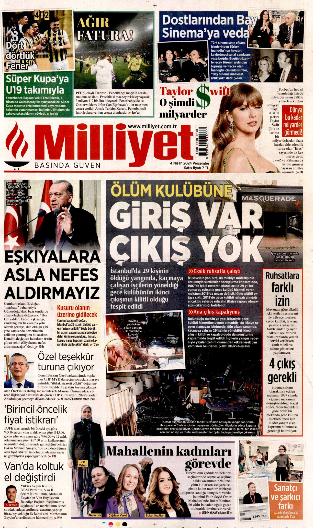 MİLLİYET gazetesinin 4 Nisan 2024 tarihli birinci sayfası