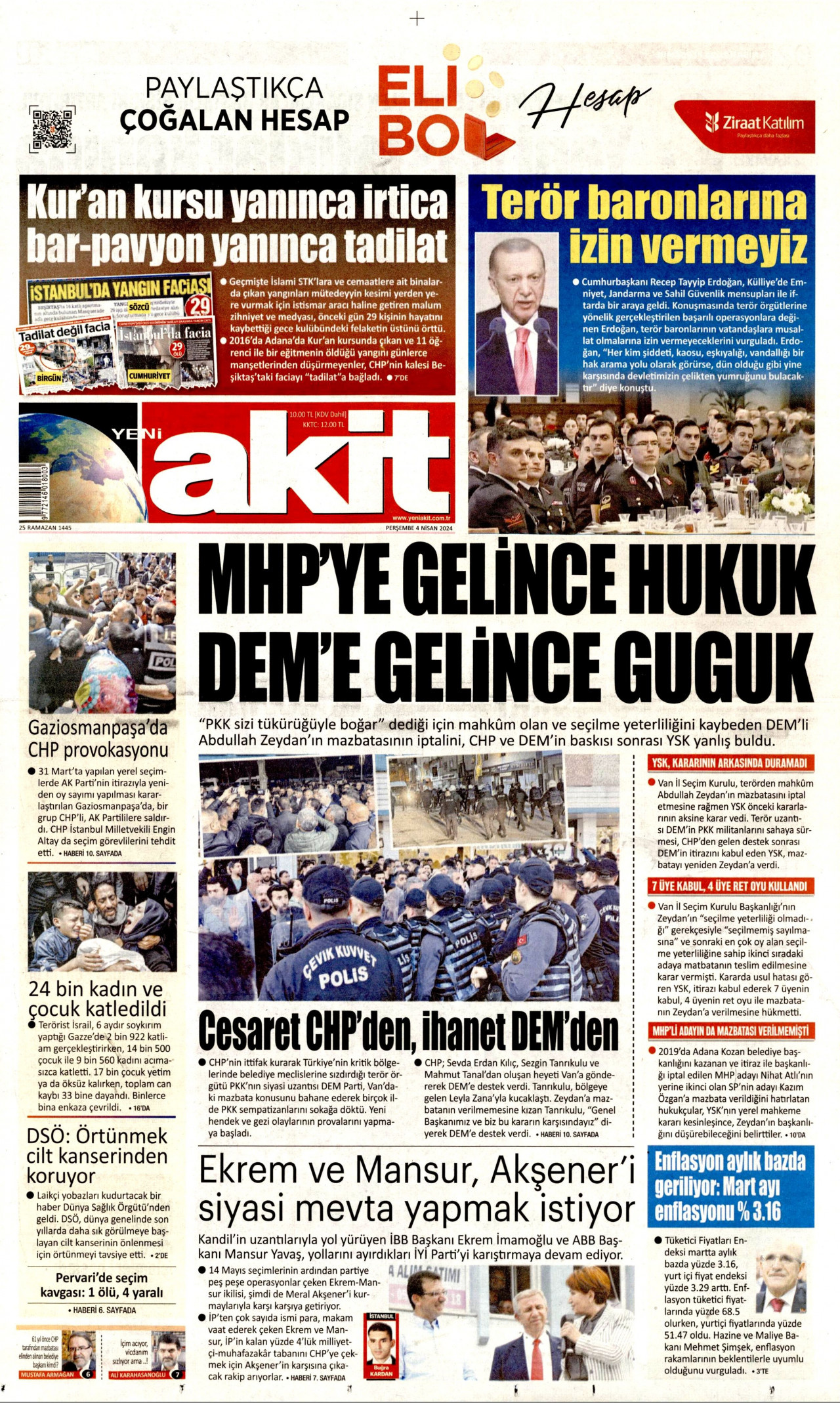 YENİ AKİT gazetesinin 4 Nisan 2024 tarihli birinci sayfası