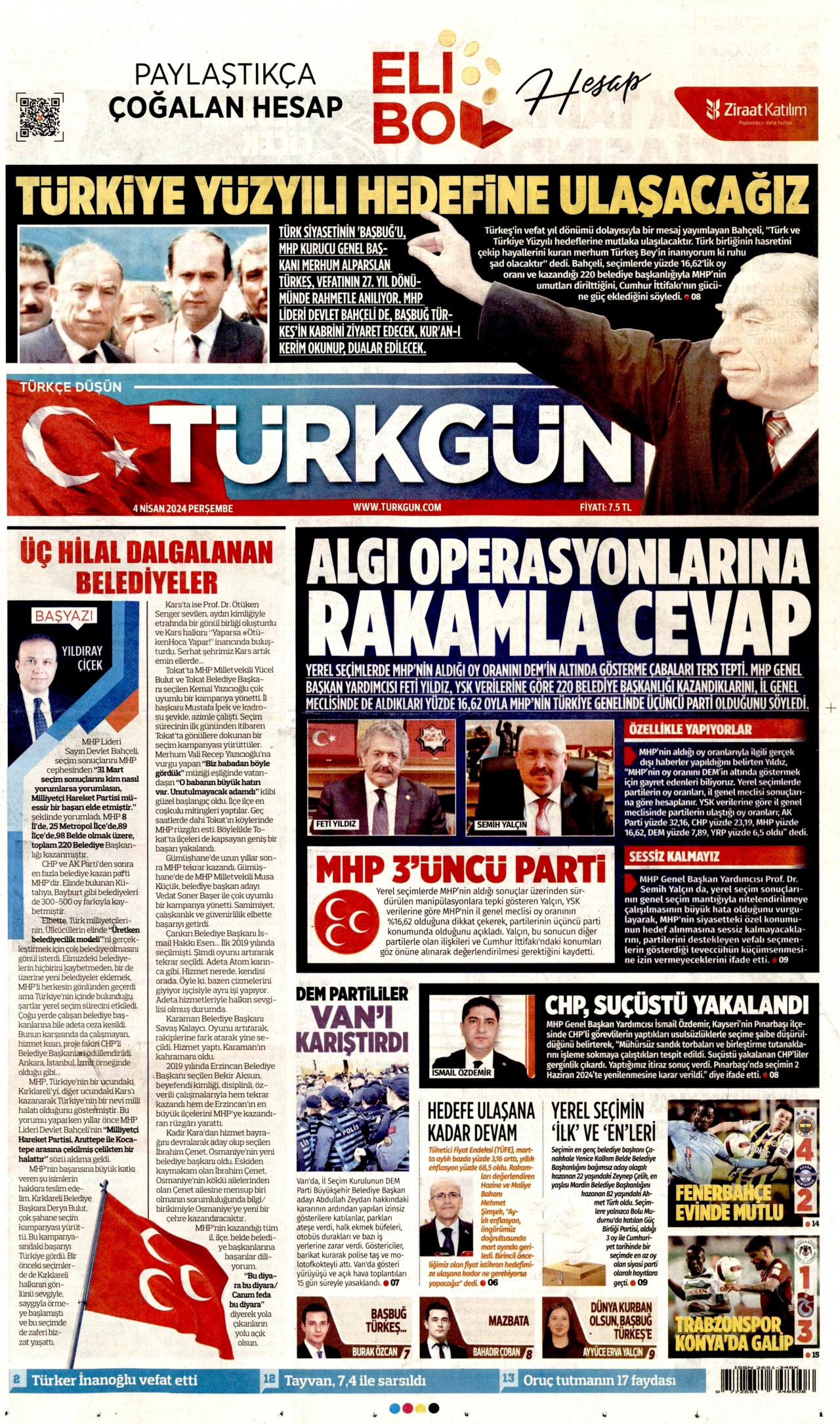 TÜRKGÜN gazetesinin 4 Nisan 2024 tarihli birinci sayfası