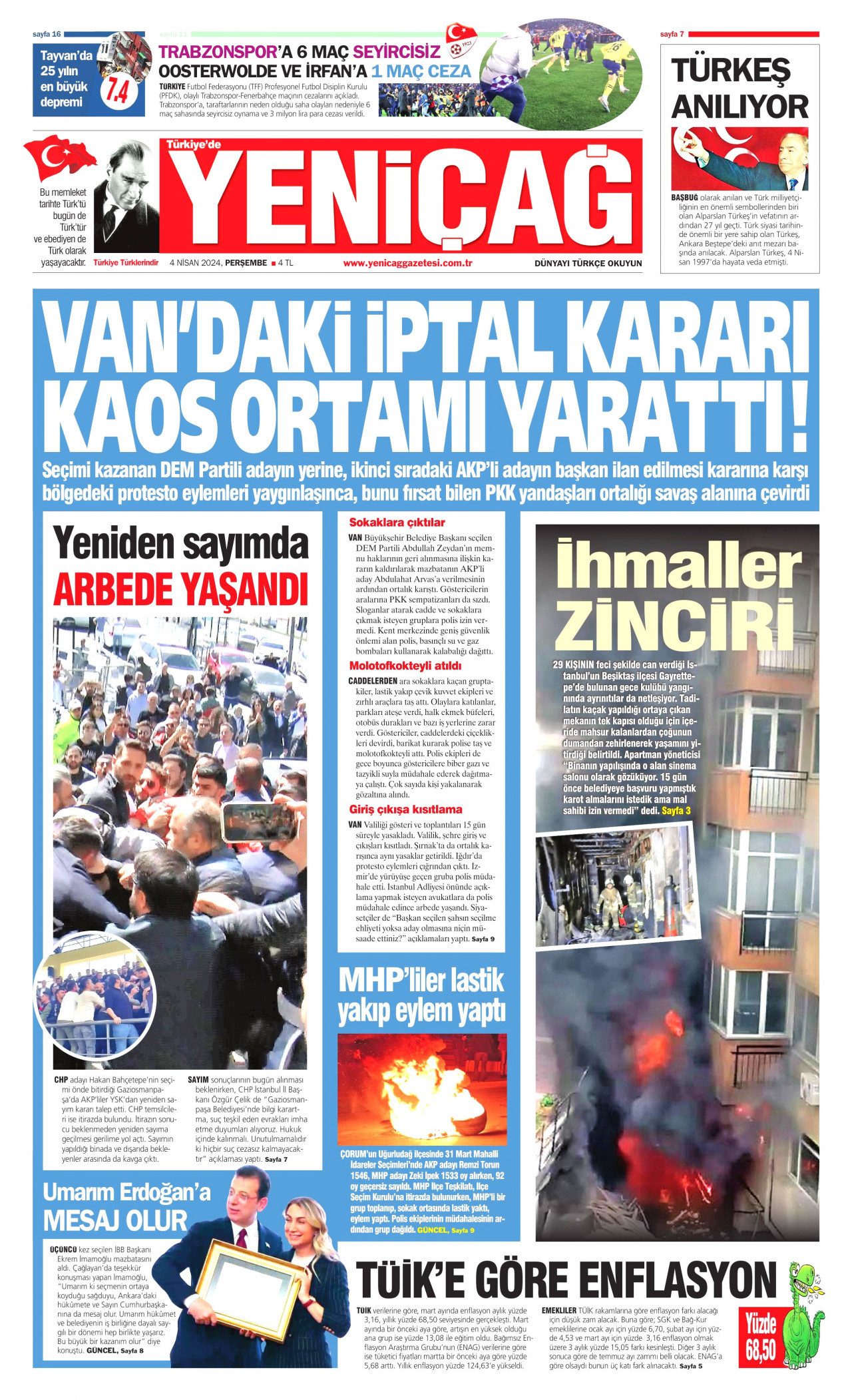 YENİÇAĞ gazetesinin 4 Nisan 2024 tarihli birinci sayfası