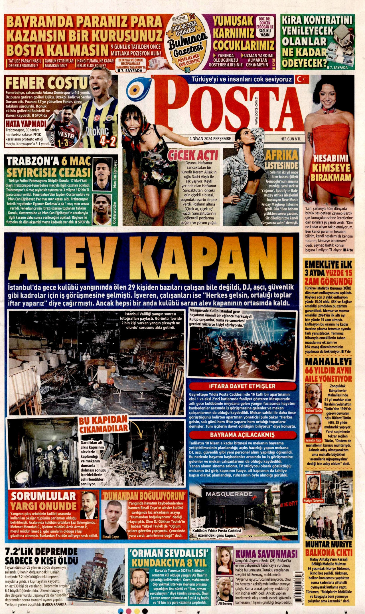 POSTA gazetesinin 4 Nisan 2024 tarihli birinci sayfası